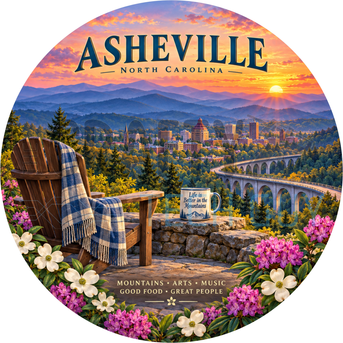 Round Asheville North Carolina wreath sign with an Adirondack chair and plaid blanket overlooking the city skyline, a viaduct and mountains at sunset