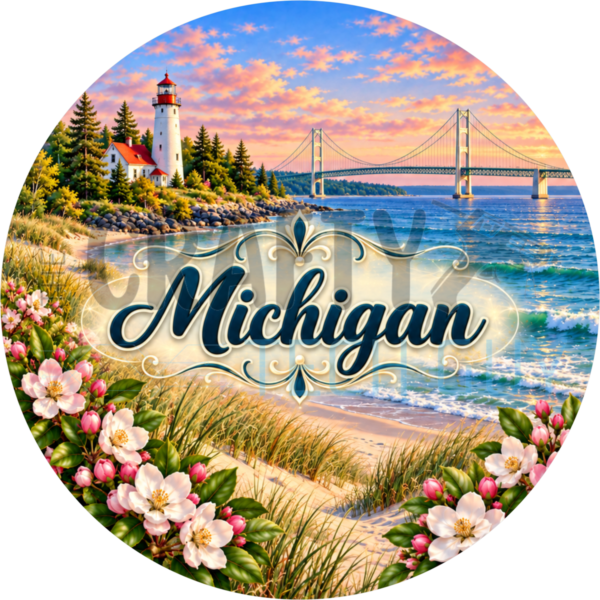 Round Michigan state wreath sign with the state name in script over a Great Lakes beach with a lighthouse, the Mackinac Bridge and apple blossoms