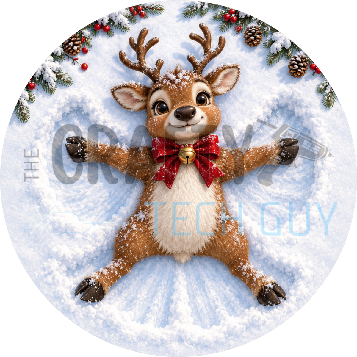 Round Christmas wreath sign of a cute reindeer making a snow angel in white snow wearing a red bow with a gold bell, framed by pine and pinecones