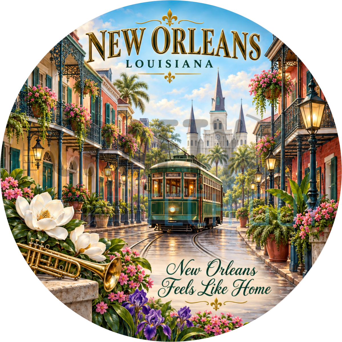 Round New Orleans Louisiana wreath sign with a green streetcar on a French Quarter street and a brass trumpet reading New Orleans Feels Like Home