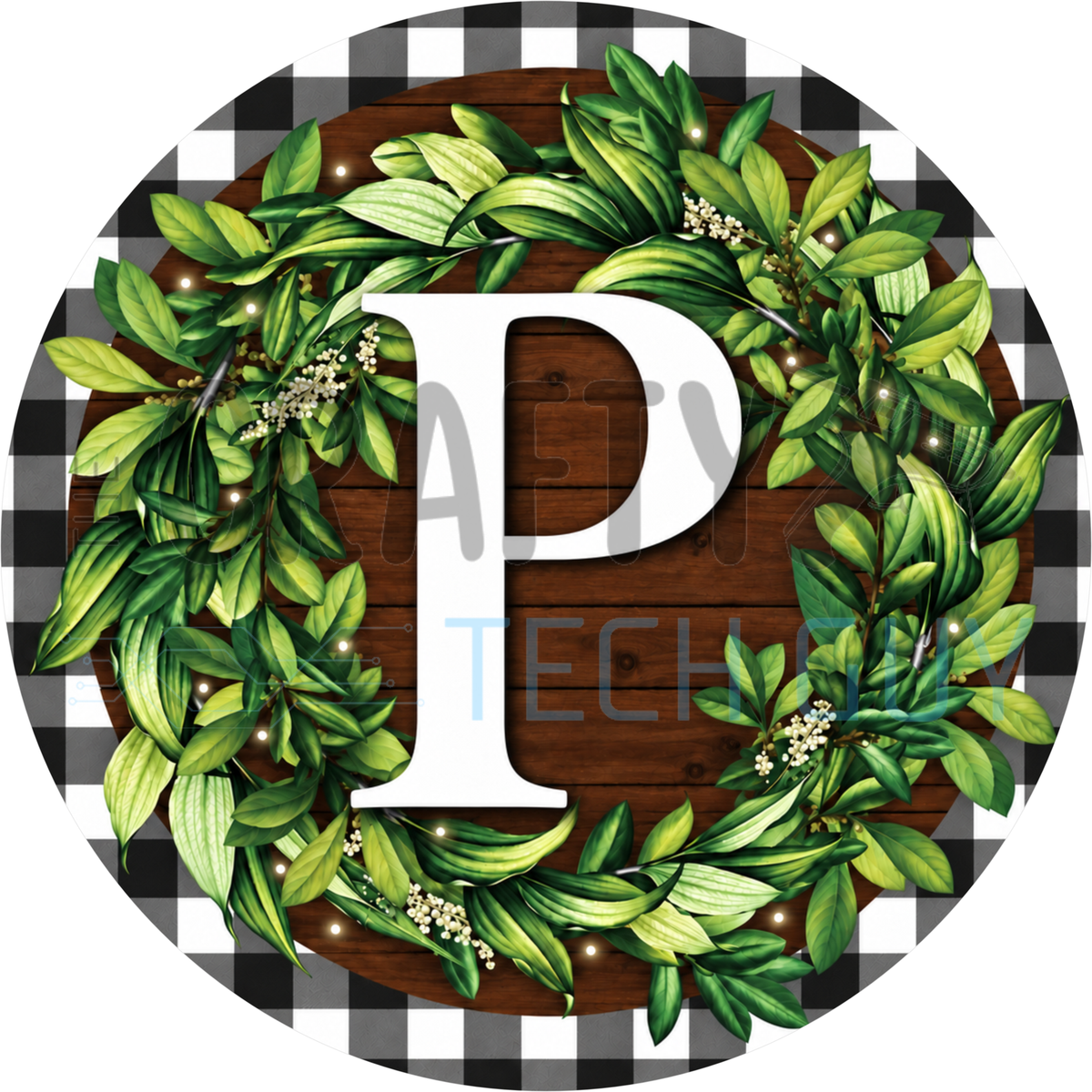 Round monogram wreath sign with a white letter P inside a green leaf wreath on dark wood planks with a black and white buffalo check border
