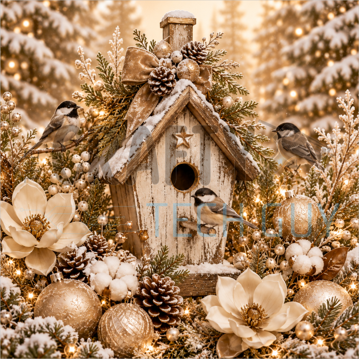 Square Christmas wreath sign of a white birdhouse with chickadees surrounded by cream magnolias, pinecones and gold ornaments