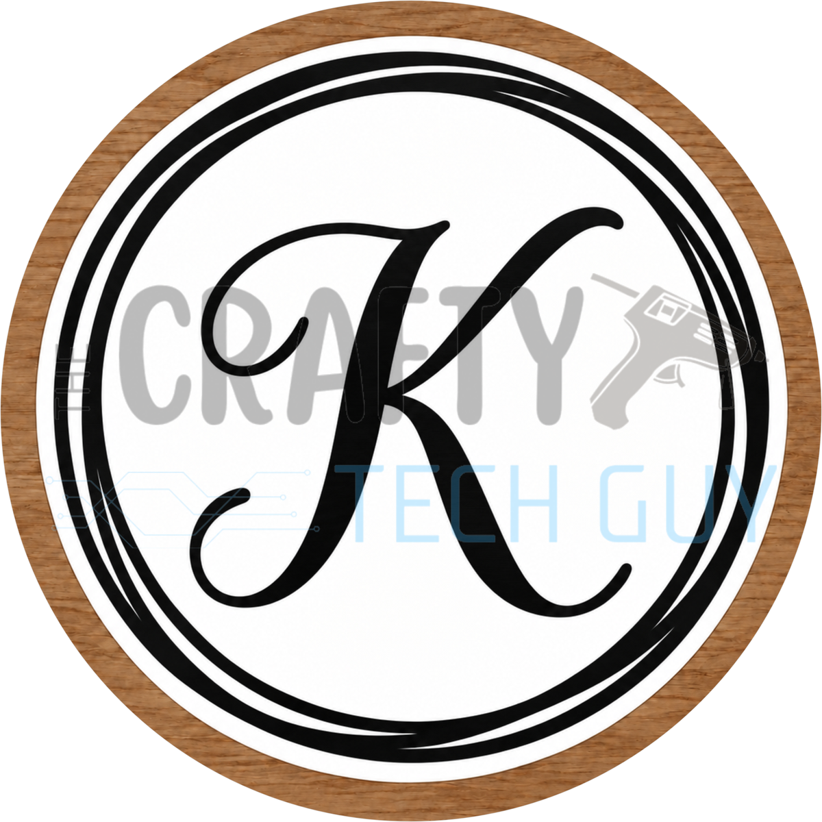 Round monogram wreath sign with a black script calligraphy letter K on white, circled by black swirl lines and a wood grain border