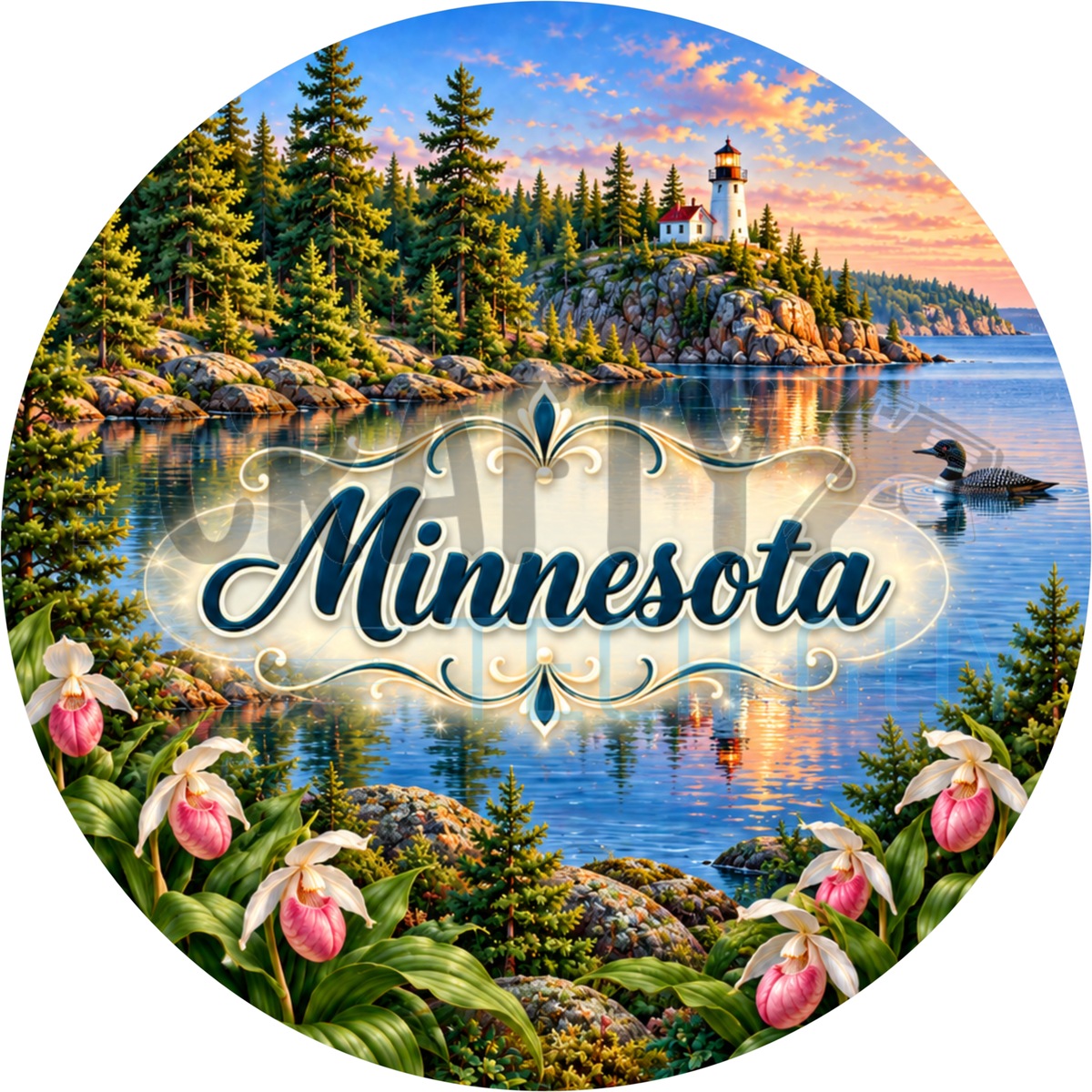 Round Minnesota state wreath sign with the state name in script over a pine lake with a loon and lighthouse framed by lady slipper orchids