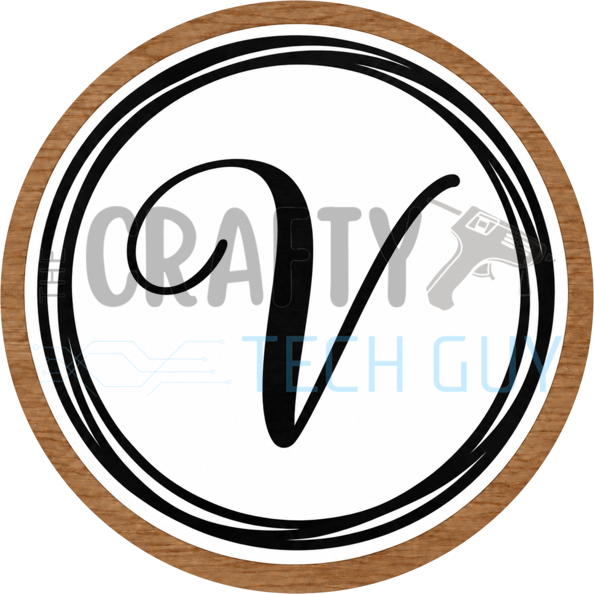 Round monogram wreath sign with a black script calligraphy letter V on white, circled by black swirl lines and a wood grain border