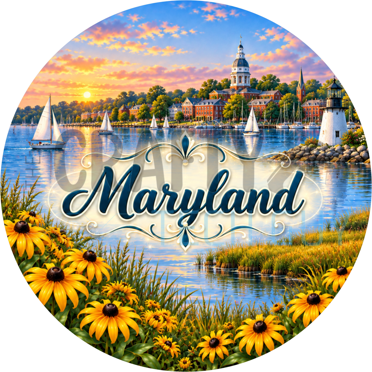 Round Maryland state wreath sign with the state name in script over Chesapeake Bay sailboats and Annapolis with black-eyed Susans