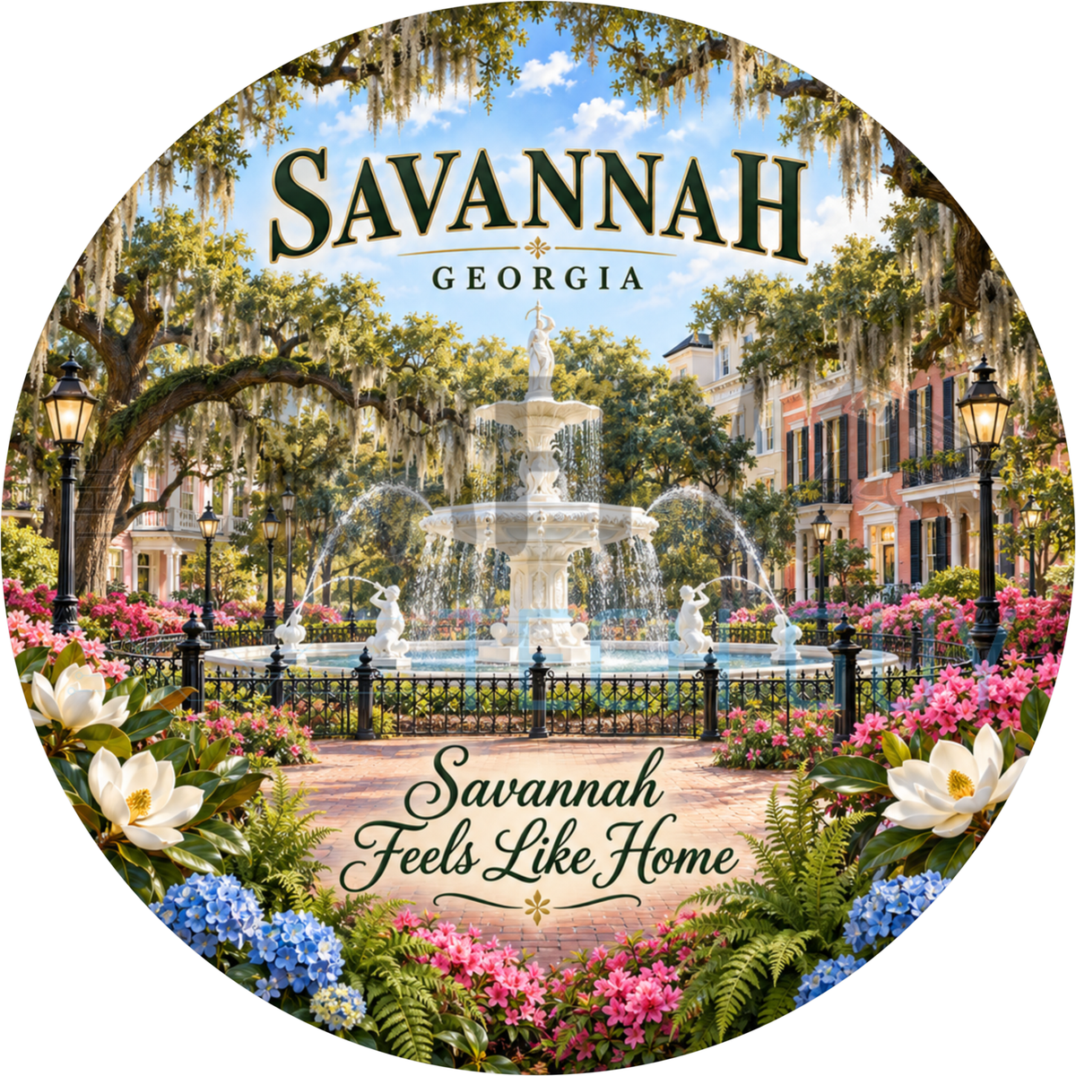 Round Savannah Georgia wreath sign with a white park fountain under mossy oaks and magnolias reading Savannah Feels Like Home