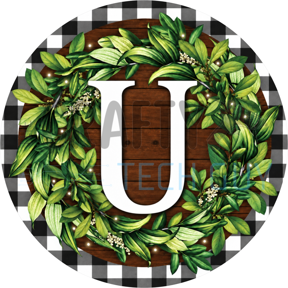 Round monogram wreath sign with a white letter U inside a green leaf wreath on dark wood planks with a black and white buffalo check border