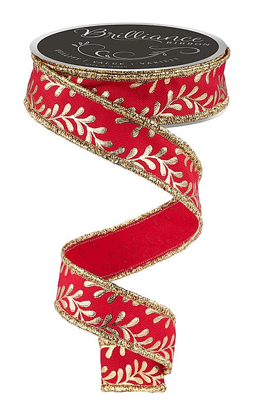 7/8 Inch 10 Yard Gold Foil Leaf Garland Vine Print Wired Christmas Ribbon on Red Twill with Metallic Gold Wired Edge