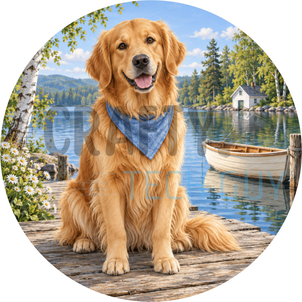 Round dog wreath sign of a golden retriever wearing a blue bandana on a lake dock beside a white rowboat with a cabin across the water