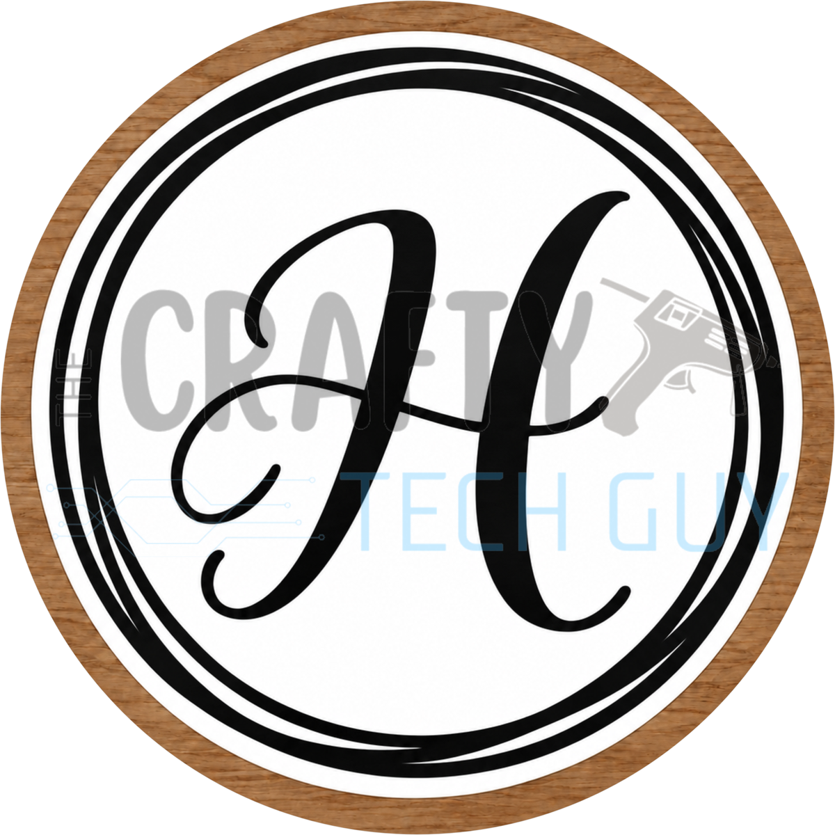 Round monogram wreath sign with a black script calligraphy letter H on white, circled by black swirl lines and a wood grain border