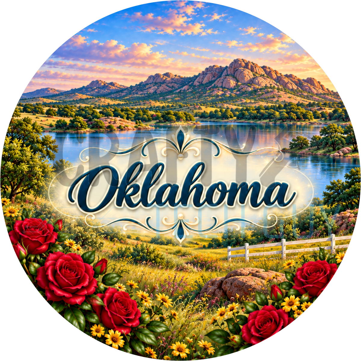 Round Oklahoma state wreath sign with navy script lettering over the Wichita Mountains, a calm lake, a white ranch fence and red roses