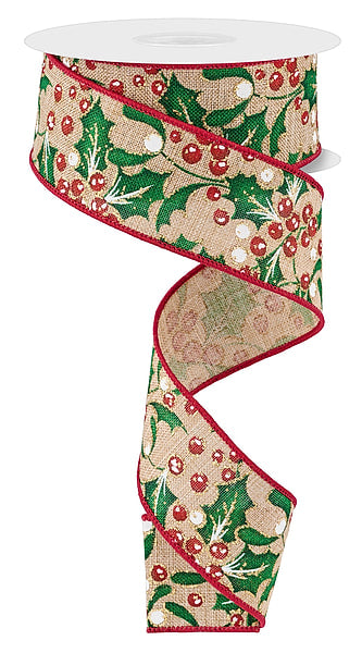 1.5 Inch 10 Yard Green Holly Gold Mistletoe and Red Berry Print Wired Christmas Ribbon on Natural Burlap with Red Wired Edge