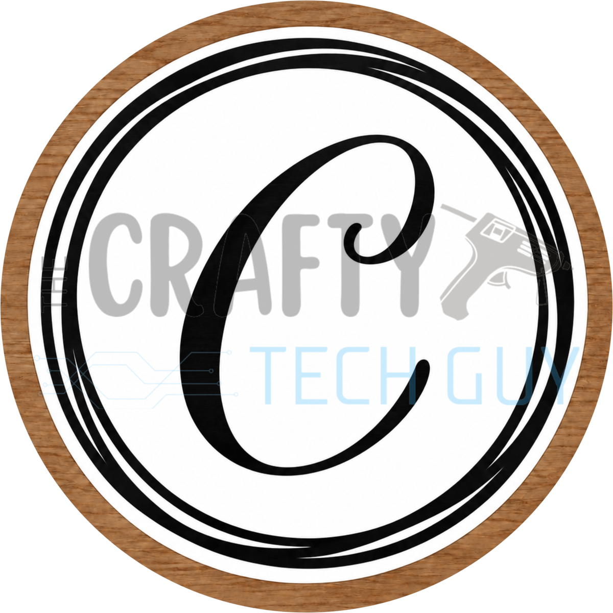 Round monogram wreath sign with a black script calligraphy letter C on white, circled by black swirl lines and a wood grain border