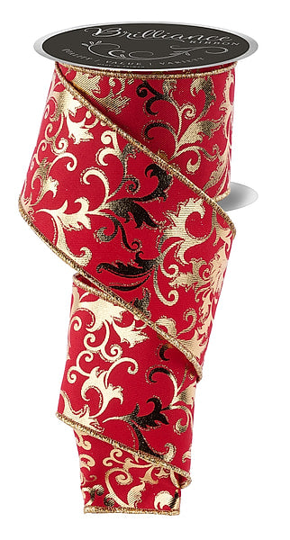 2.5 Inch 10 Yard Gold and Bronze Metallic Foil Damask Scroll Leaf Print Wired Christmas Ribbon on Red with Gold Wired Edge