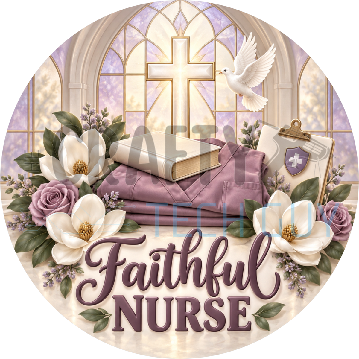 Round Christian nurse wreath sign with a cross, dove, Bible, scrubs and magnolias before a stained glass window reading Faithful Nurse