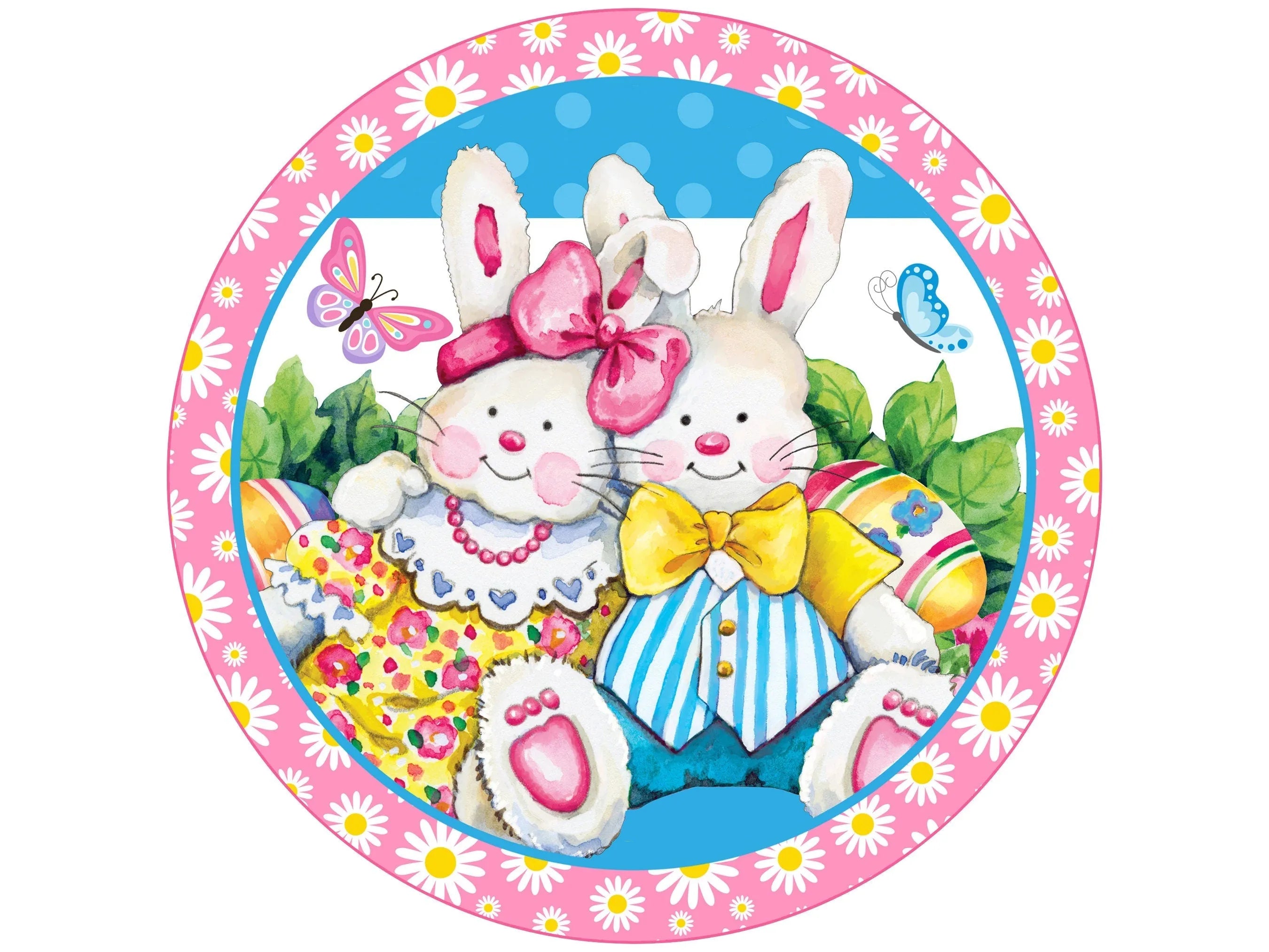 Easter bunny couple butterfly and daisy shiplap wreath sign, Happy Easter sign with daisies, butterflies and Easter eggs sign