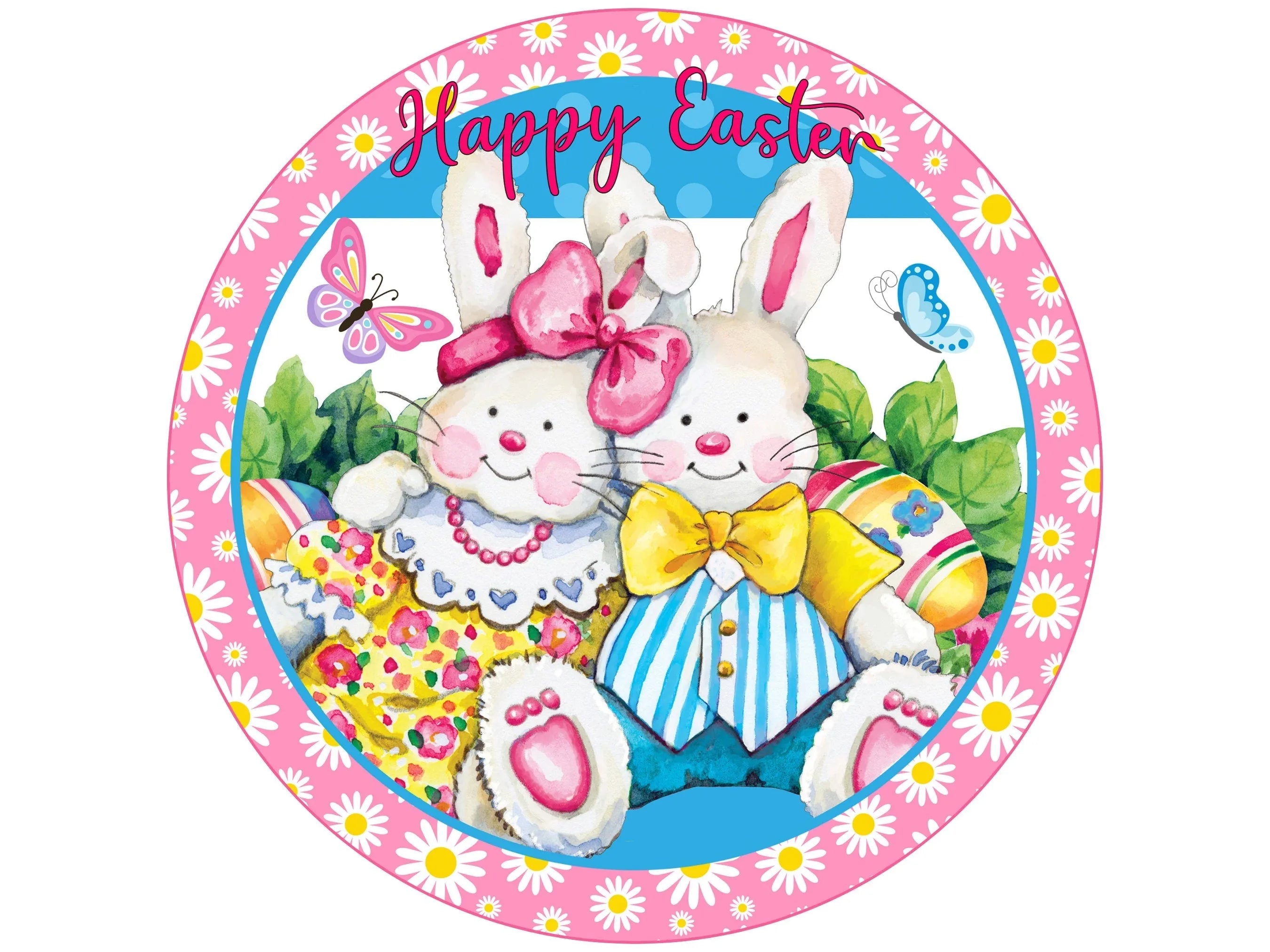 Easter bunny couple butterfly and daisy shiplap wreath sign, Happy Easter sign with daisies, butterflies and Easter eggs sign