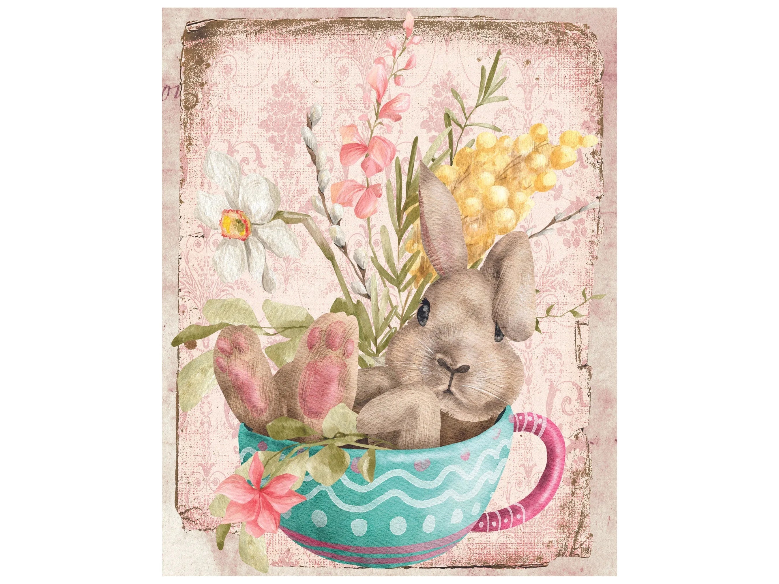 Easter bunny sitting in coffee mug with flowers wreath sign, Vintage bunny in mug wall art, Antique Easter bunny sign decoration