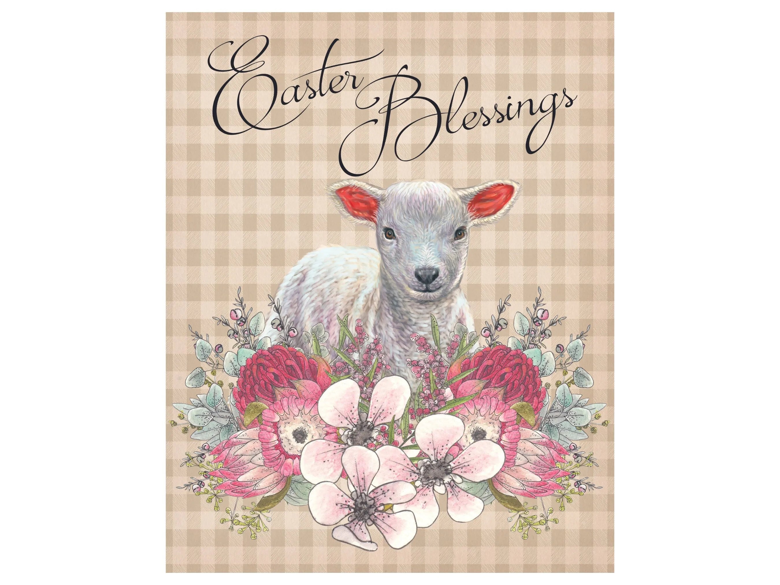 Easter lamb with florals and buffalo check wreath sign, Spring lamb pink and white flowers wall art, Happy Easter lamb wreath sign