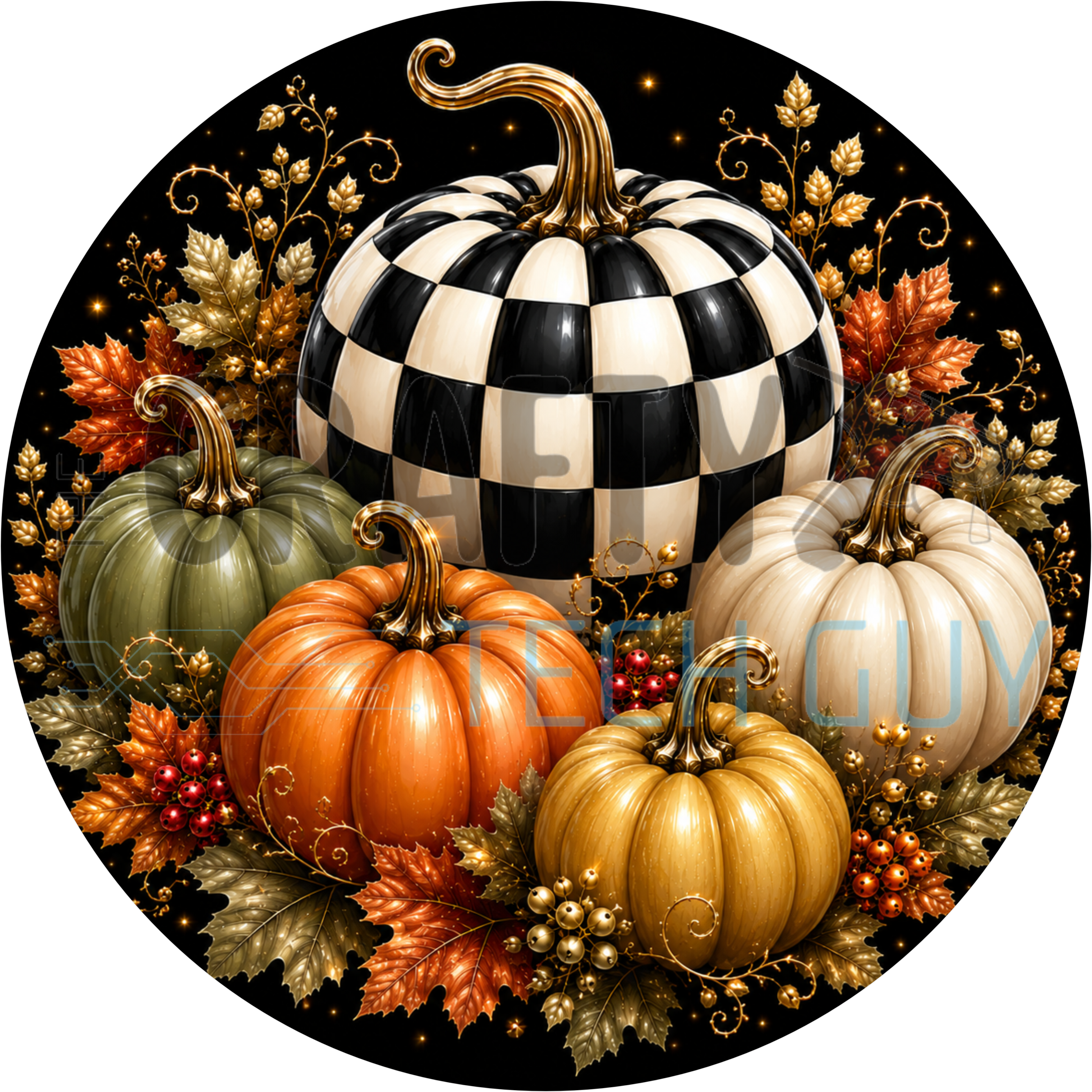 Round fall sign with black and white checkered pumpkin, sage, cream and gold pumpkins, berries and gold scrollwork on black