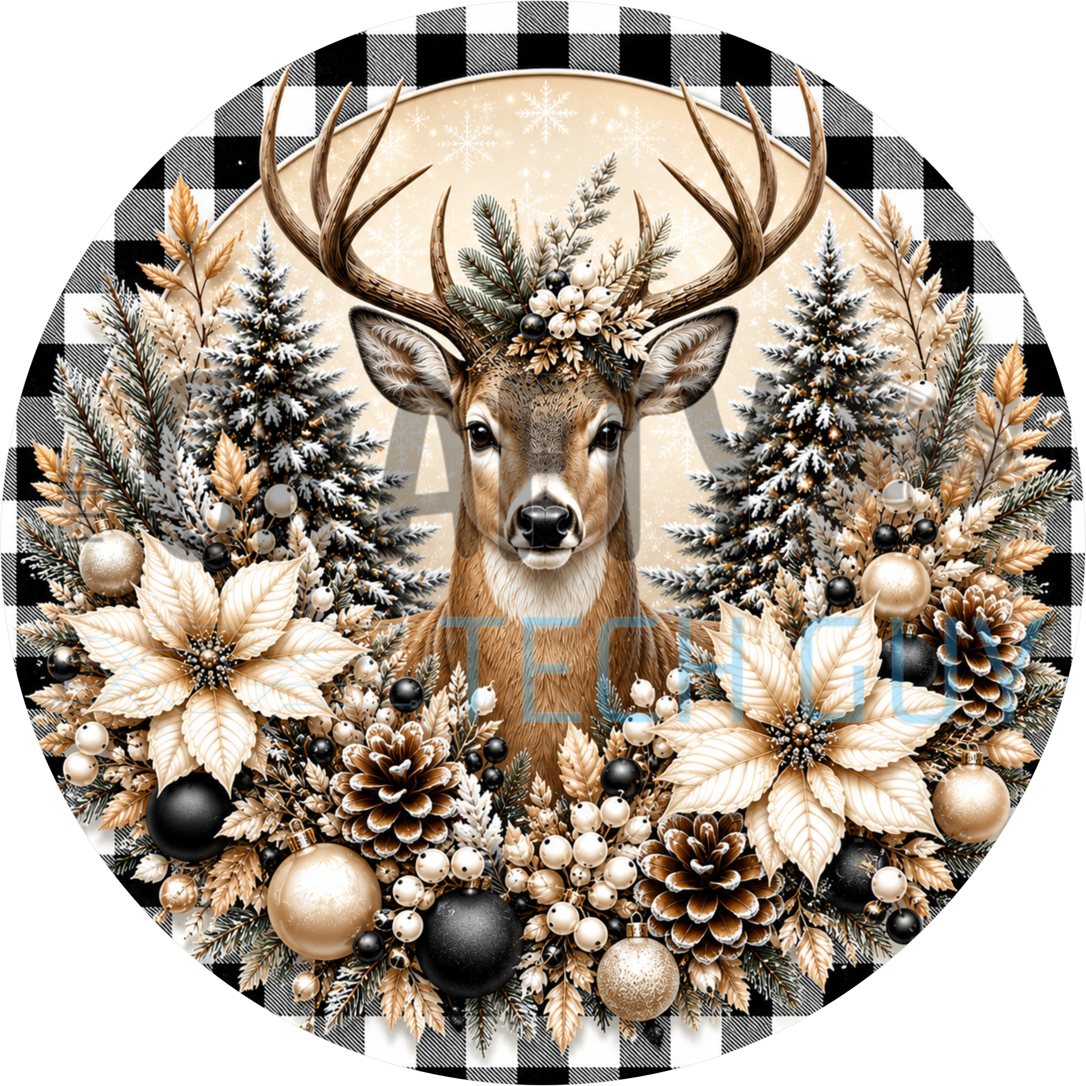 Elegant deer buck round sign with frosted antlers, cream poinsettias, pinecones and black gold ornaments on black and white buffalo check