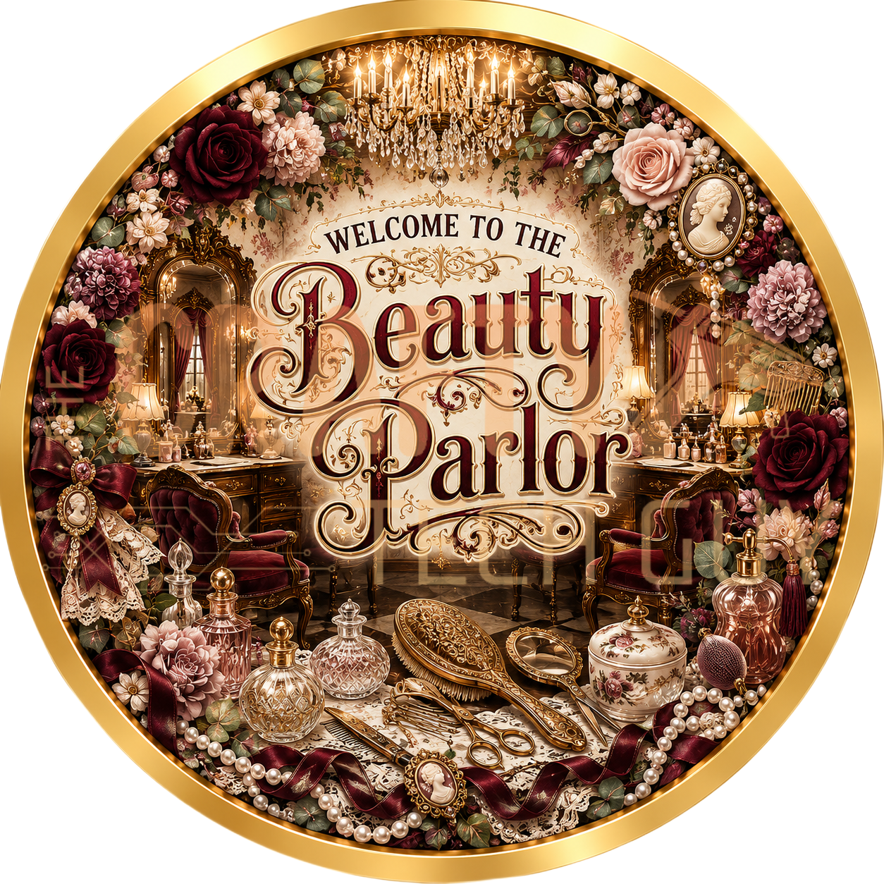 Elegant gold and burgundy vintage chandelier illustration with Welcome to the Beauty Parlor roses quote sign