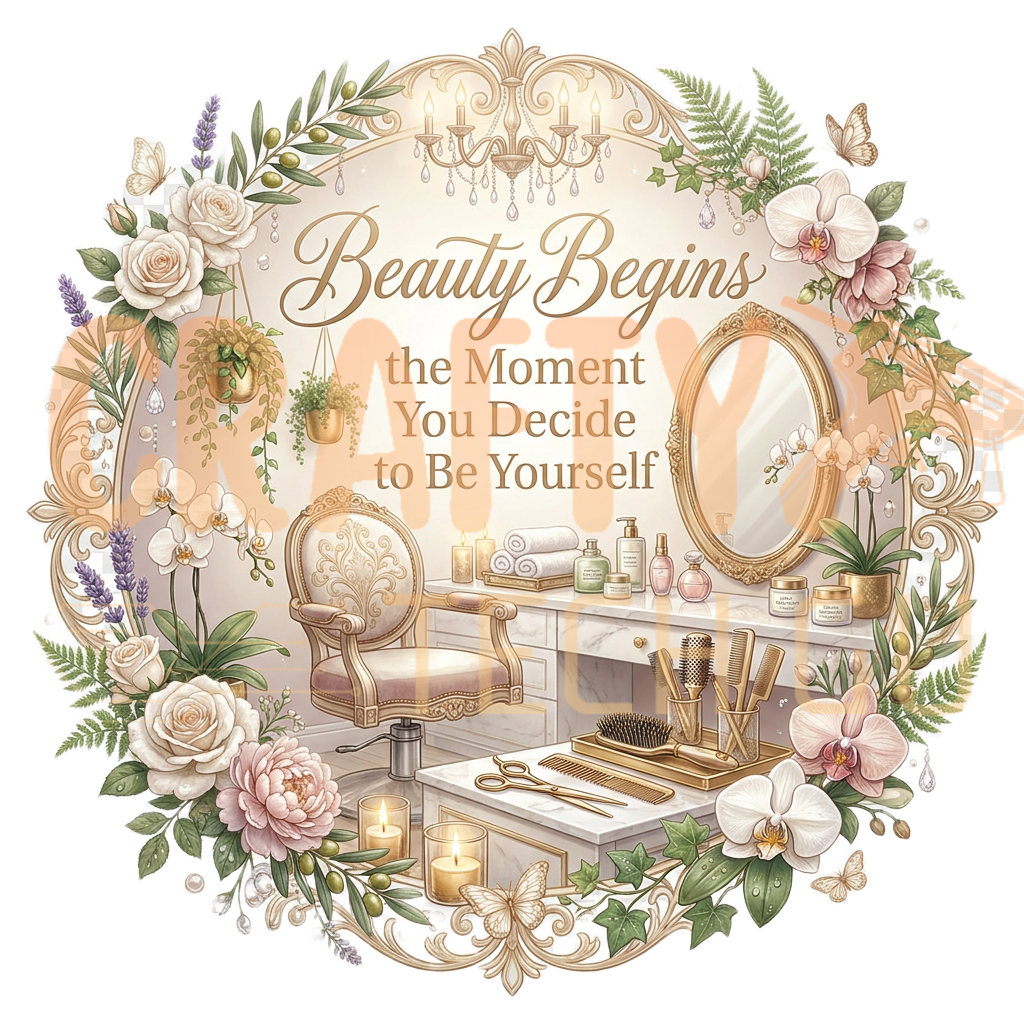 Elegant gold floral vanity mirror illustration with Beauty Begins with Yourself quote on round sign