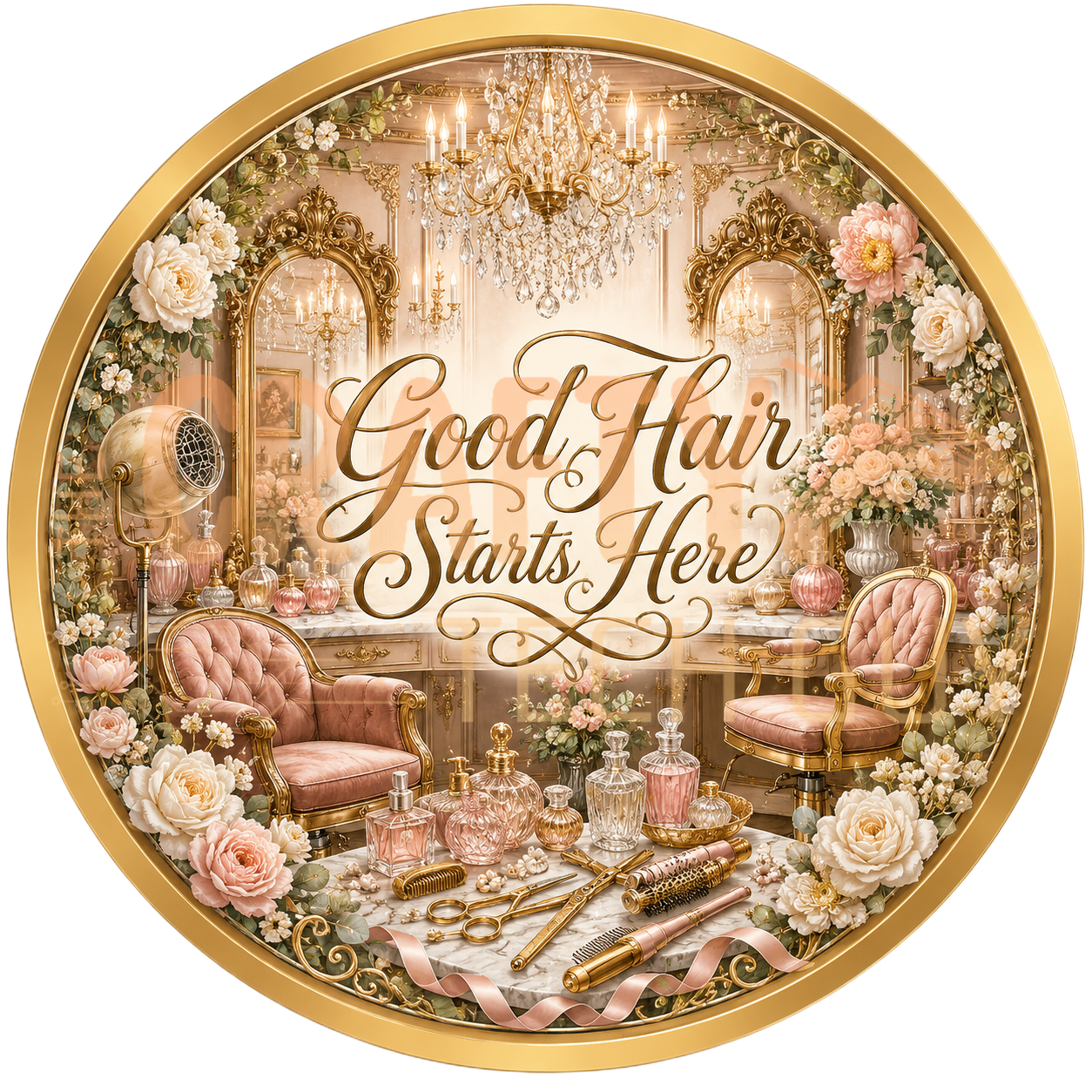 Elegant gold vintage salon chandelier illustration with Good Hair Starts Here quote sign