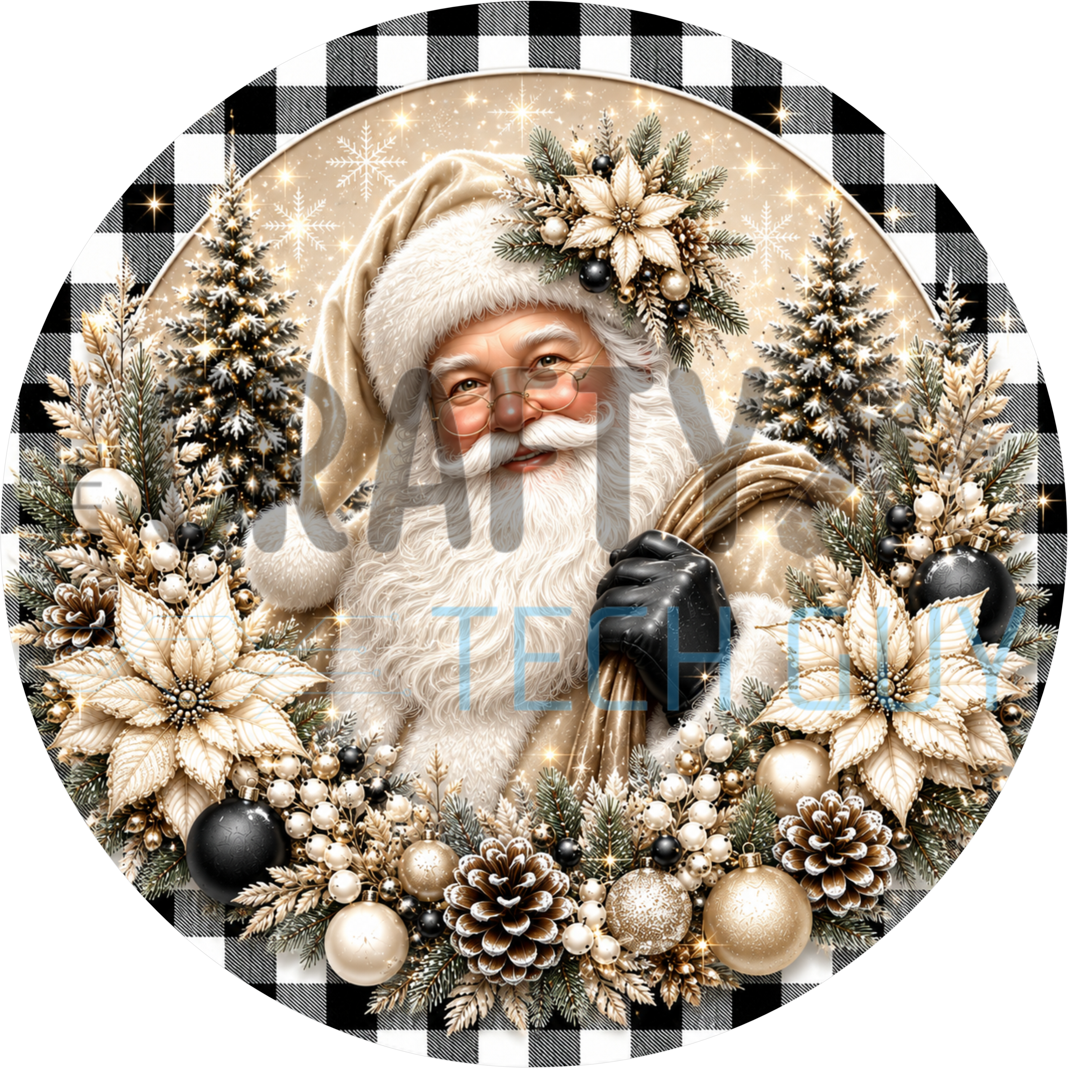 Elegant Santa Claus portrait round sign with cream fur hat, poinsettias, pinecones and gold ornaments on black and white buffalo check