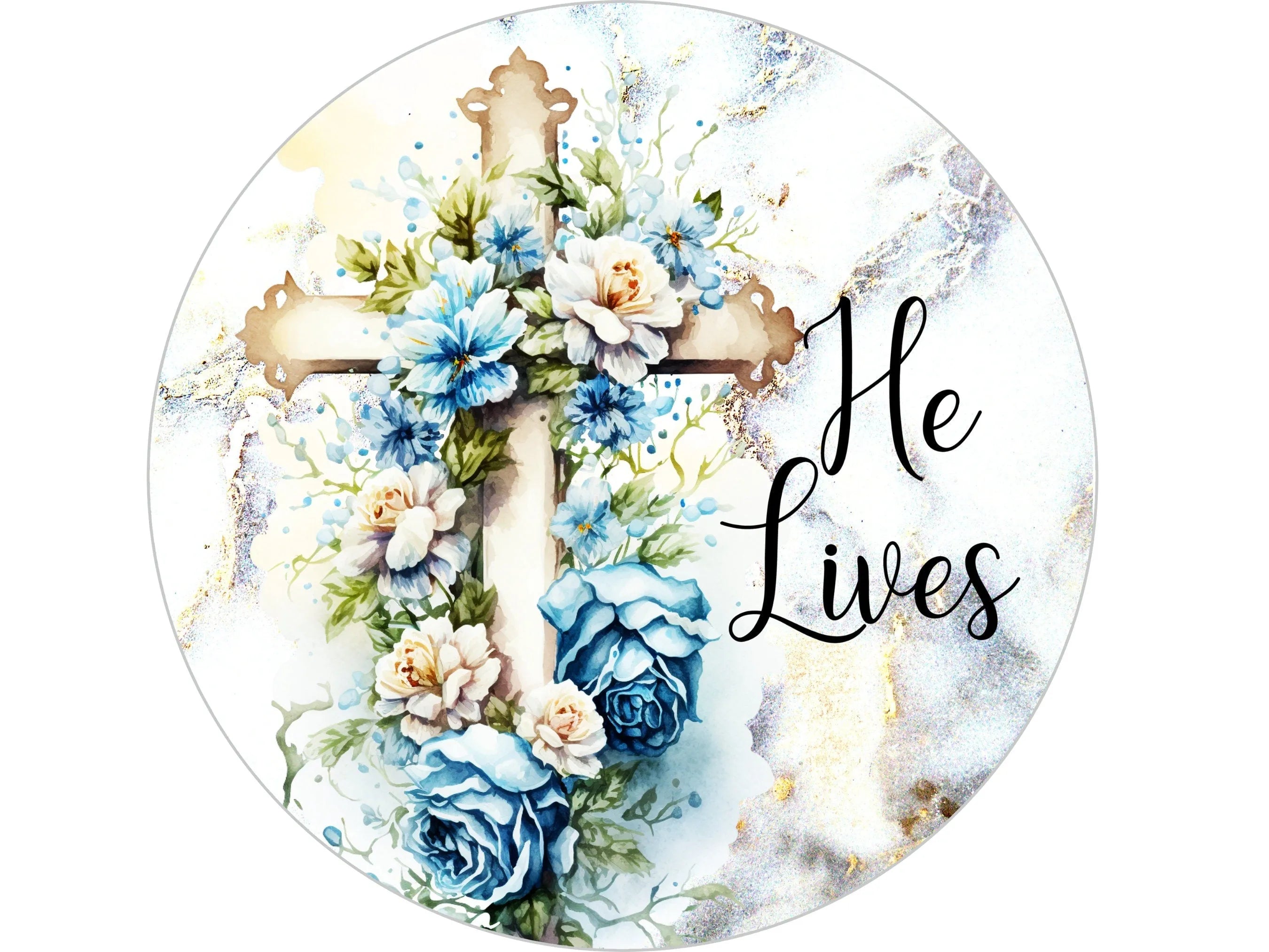 elegant floral Christian cross He Lives wreath sign, floral religious wooden cross decor, Christian church sign, Easter sign