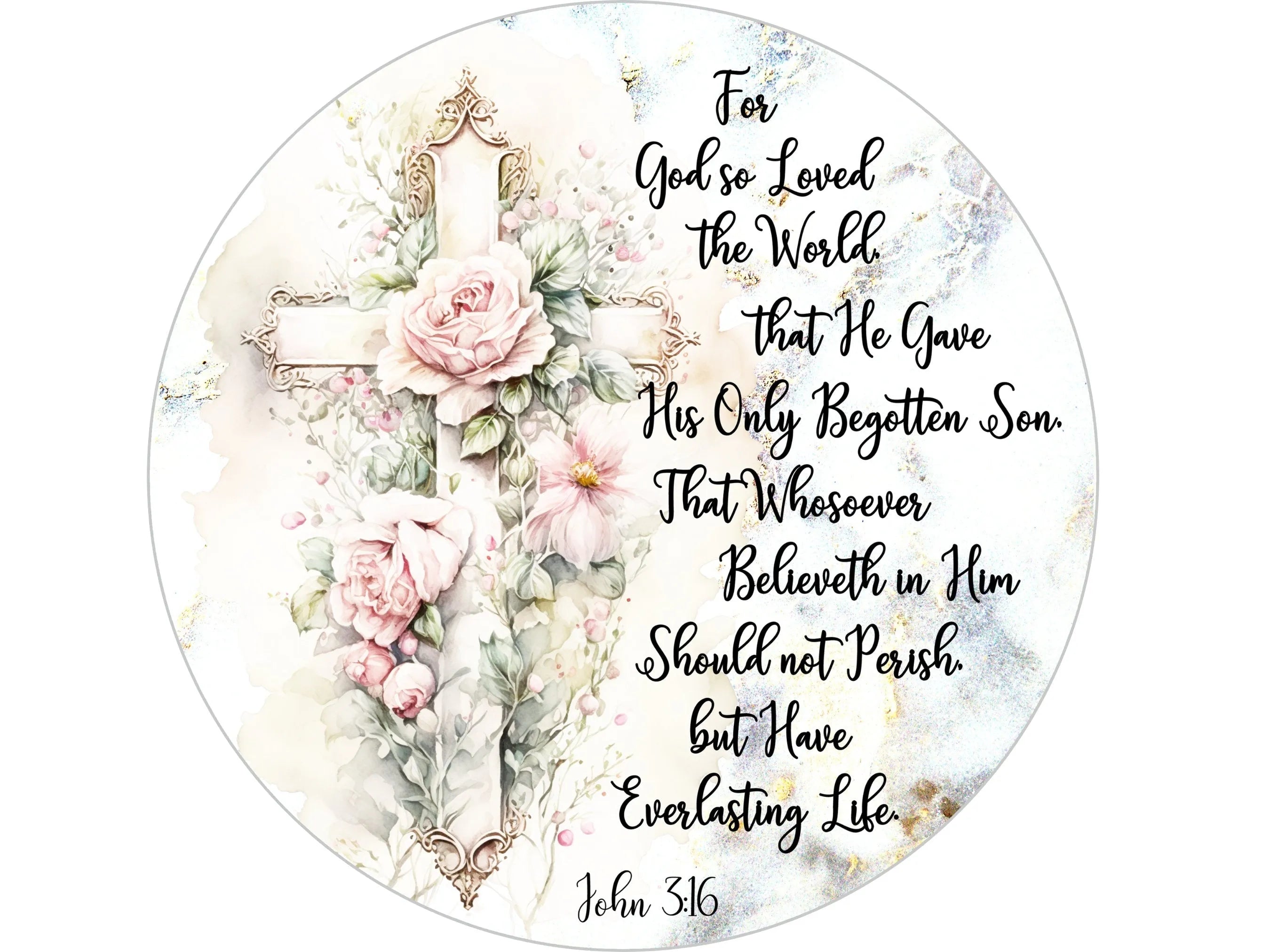 elegant floral Christian cross John 3:16 wreath sign, floral religious wooden cross decor, Christian church sign, Easter sign