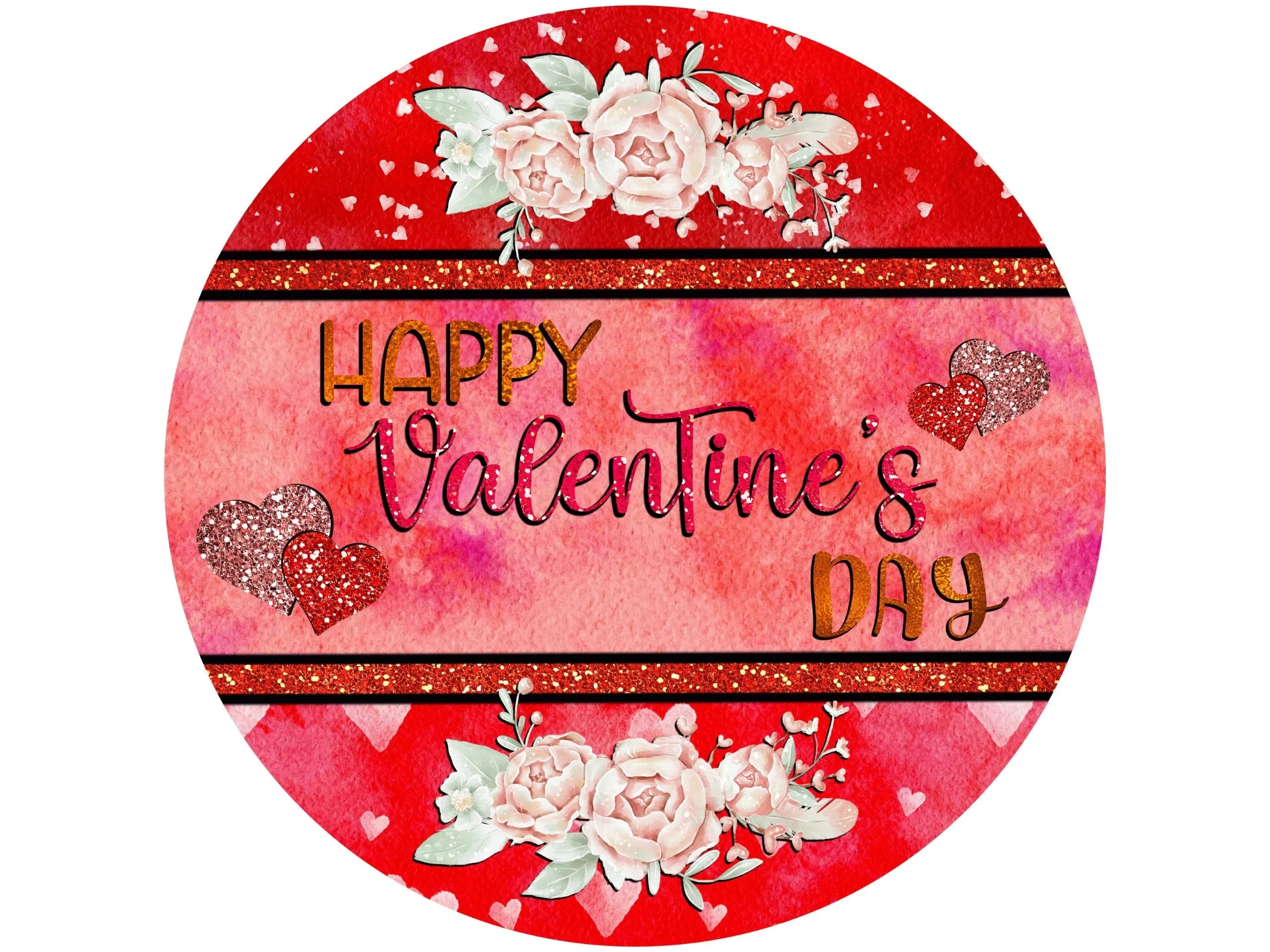 elegant glam happy valentine's day wreath sign, glam floral hearts valentine's day wall art, roses and hearts wreath sign