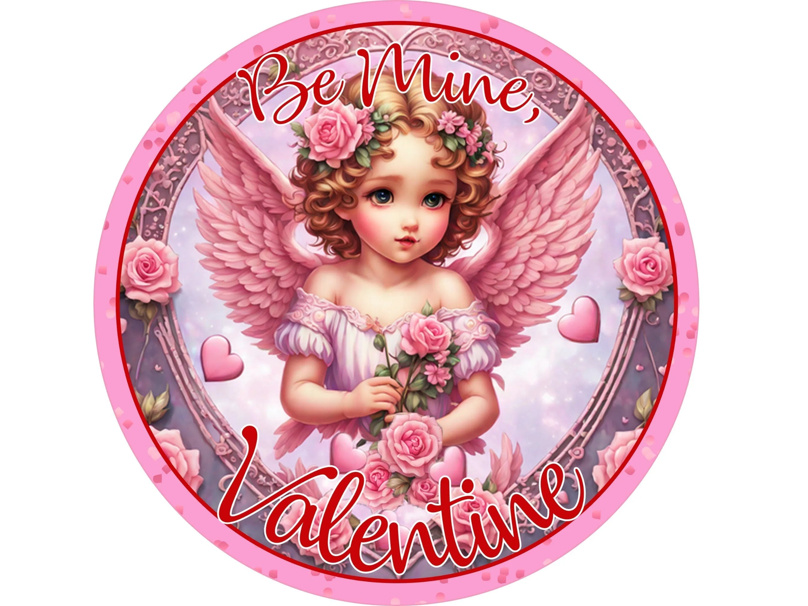 elegant Victorian angel roses Happy Valentine's Day wreath sign, romantic red heart gift, sign for February, sign for love