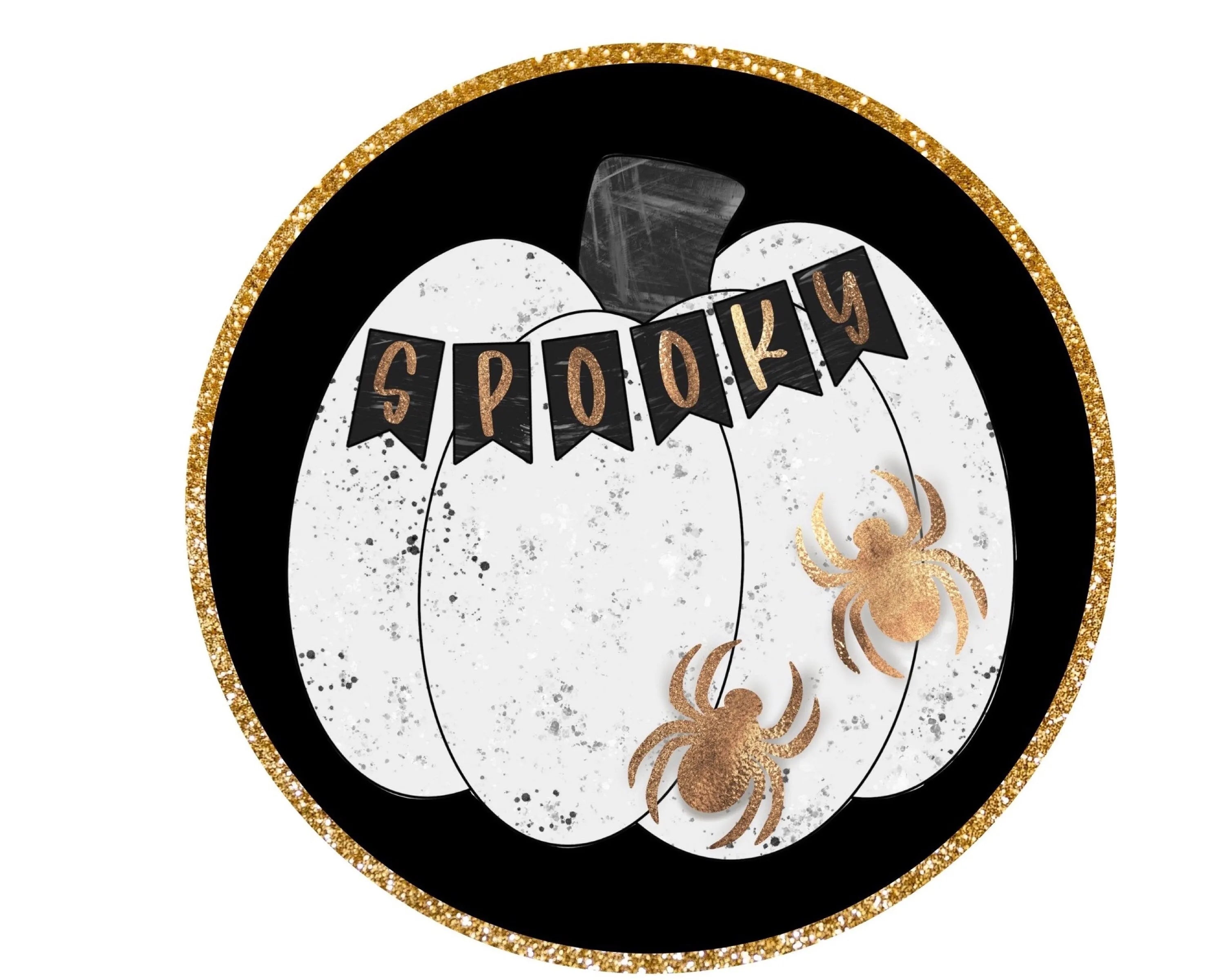 elegant white pumpkin and spiders Halloween wreath sign, black and gold Halloween decor, spooky spider pumpkin wall art, gold spider sign