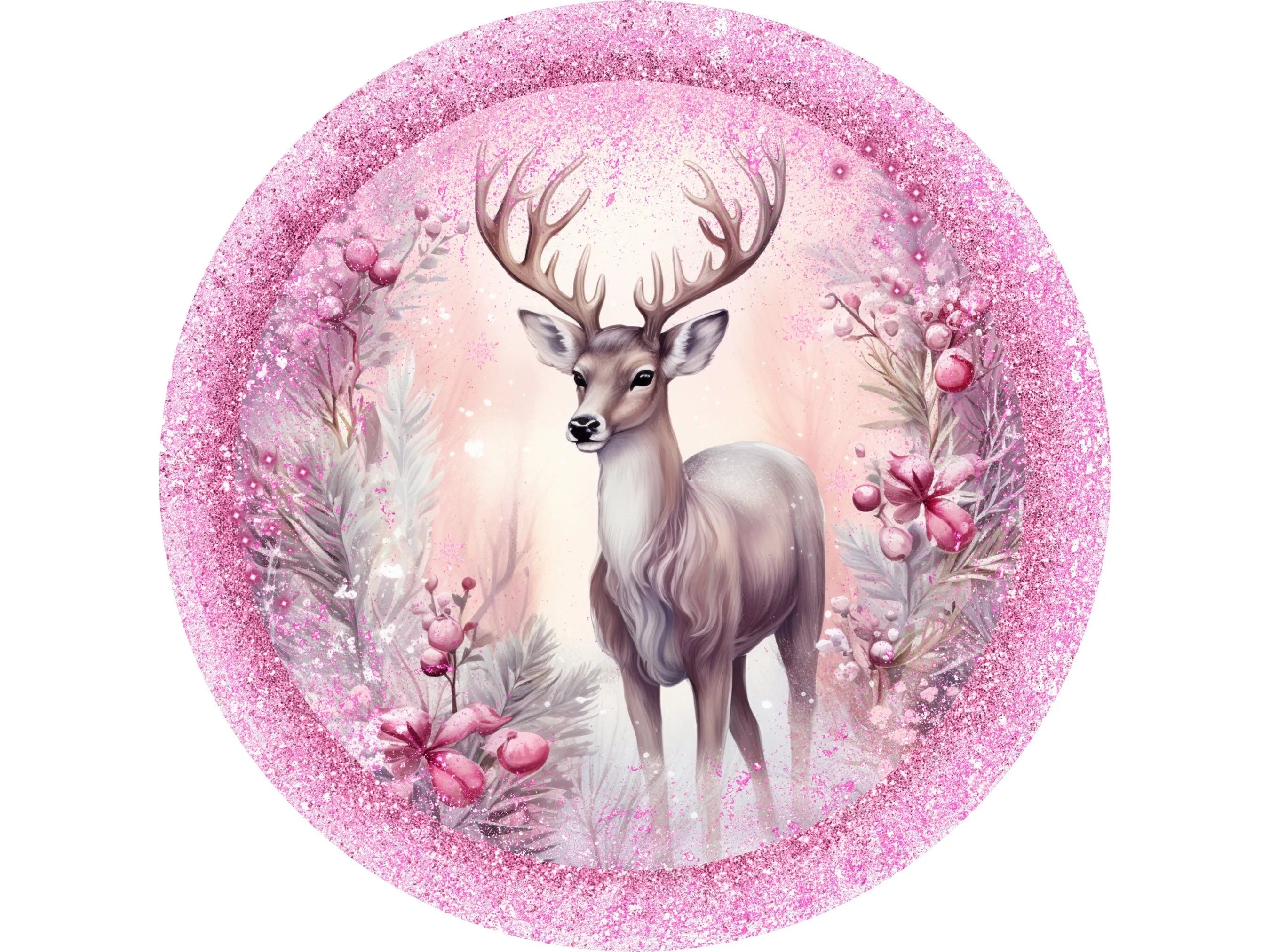 Elegant Winter Deer Digital Art Print, Pink Glitter Forest Wall Decor, Holiday Season Deer Illustration, Whimsical Christmas Wall Art