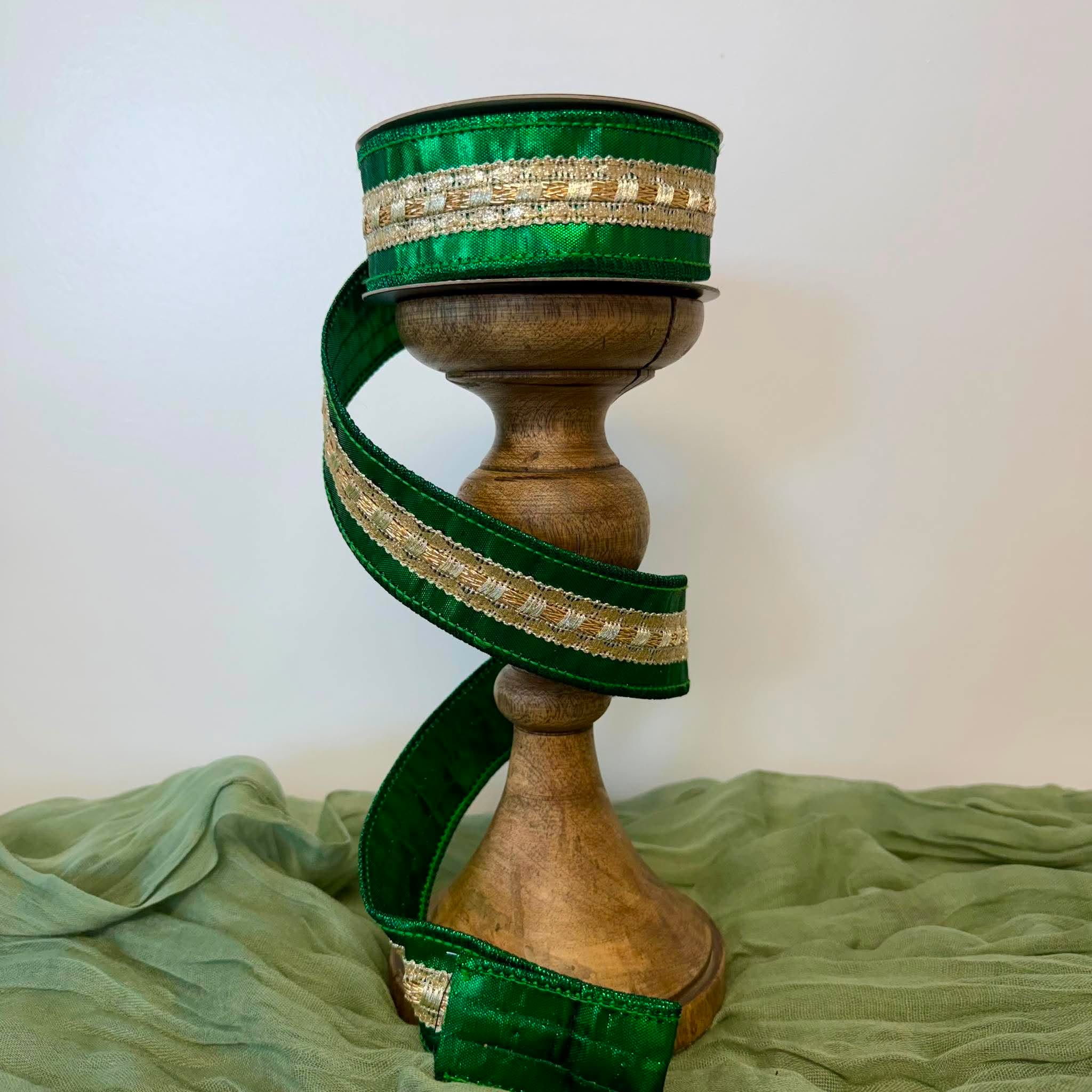 1.5 Inch 10 Yard Emerald Green Wired Dupion Ribbon with Woven Gold Metallic Center Trim