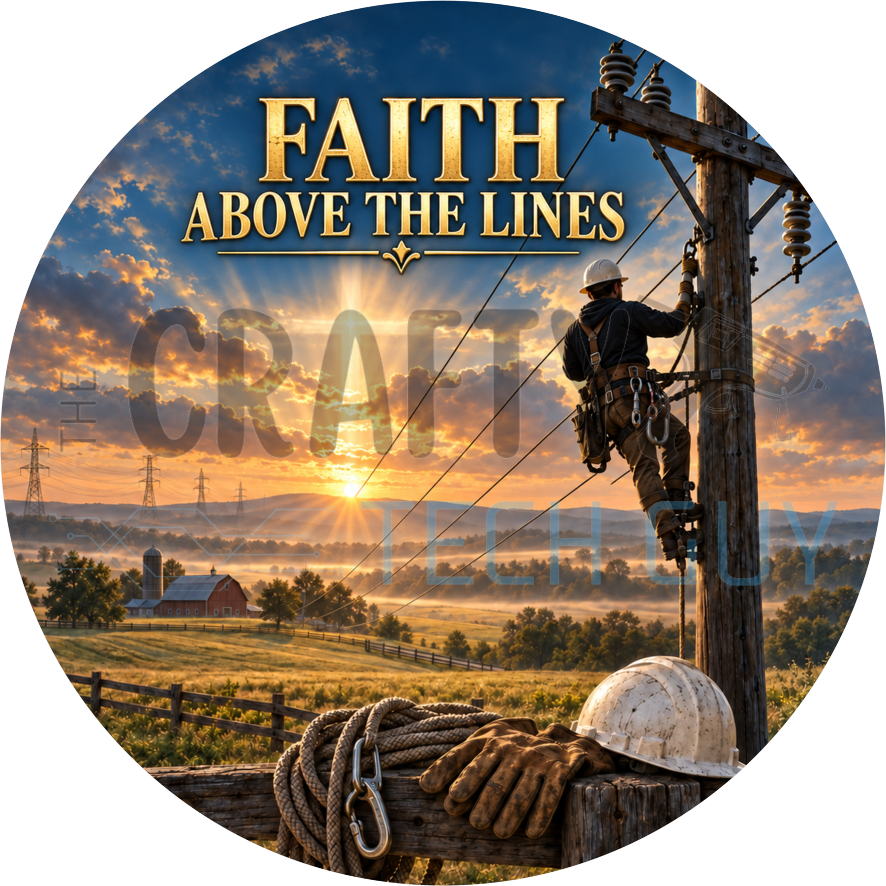 Faith Above The Lines round wreath sign with a lineman climbing a utility pole at sunrise over farmland with a hard hat and gloves