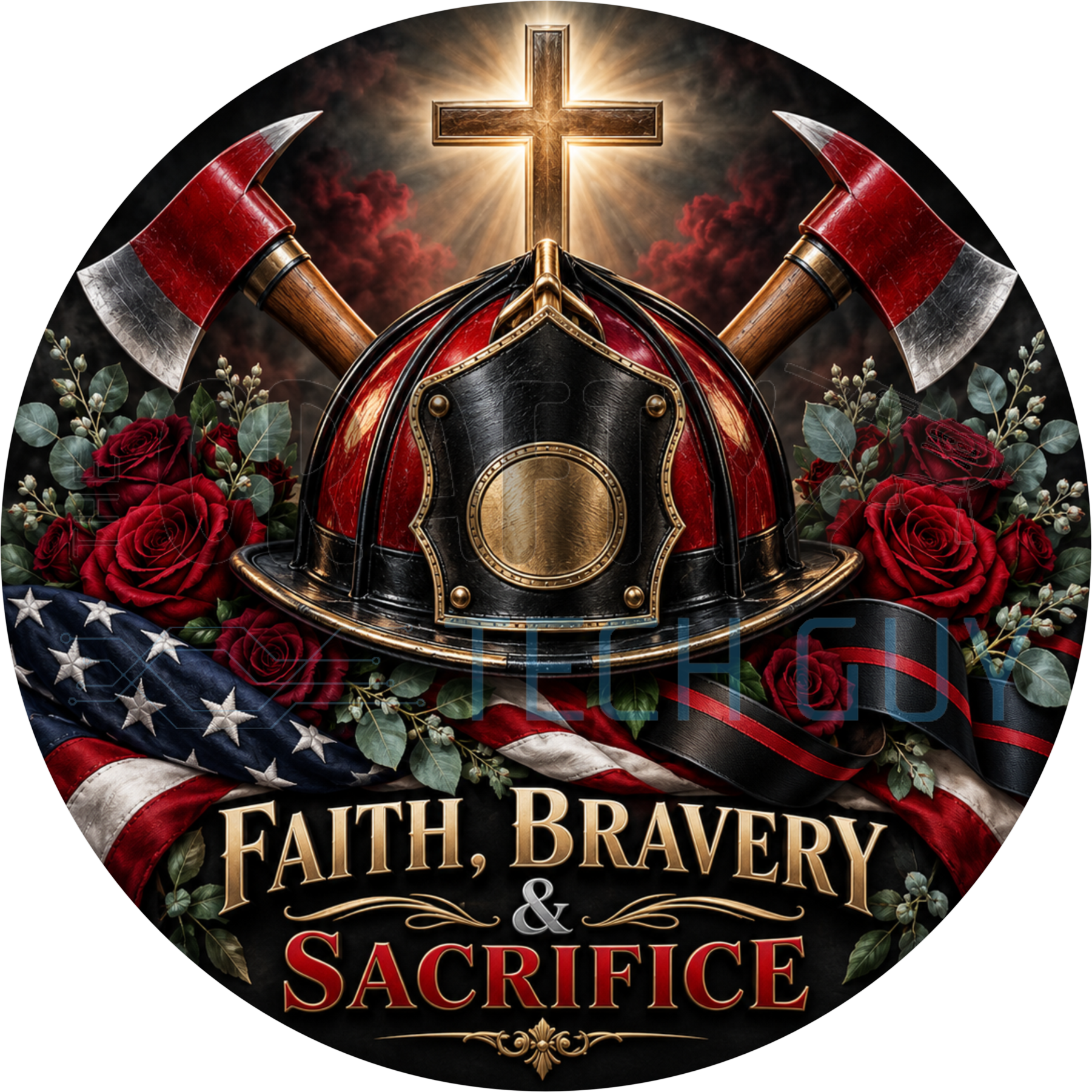 Faith Bravery And Sacrifice round wreath sign with a firefighter helmet over crossed axes, a glowing cross, red roses and a draped flag