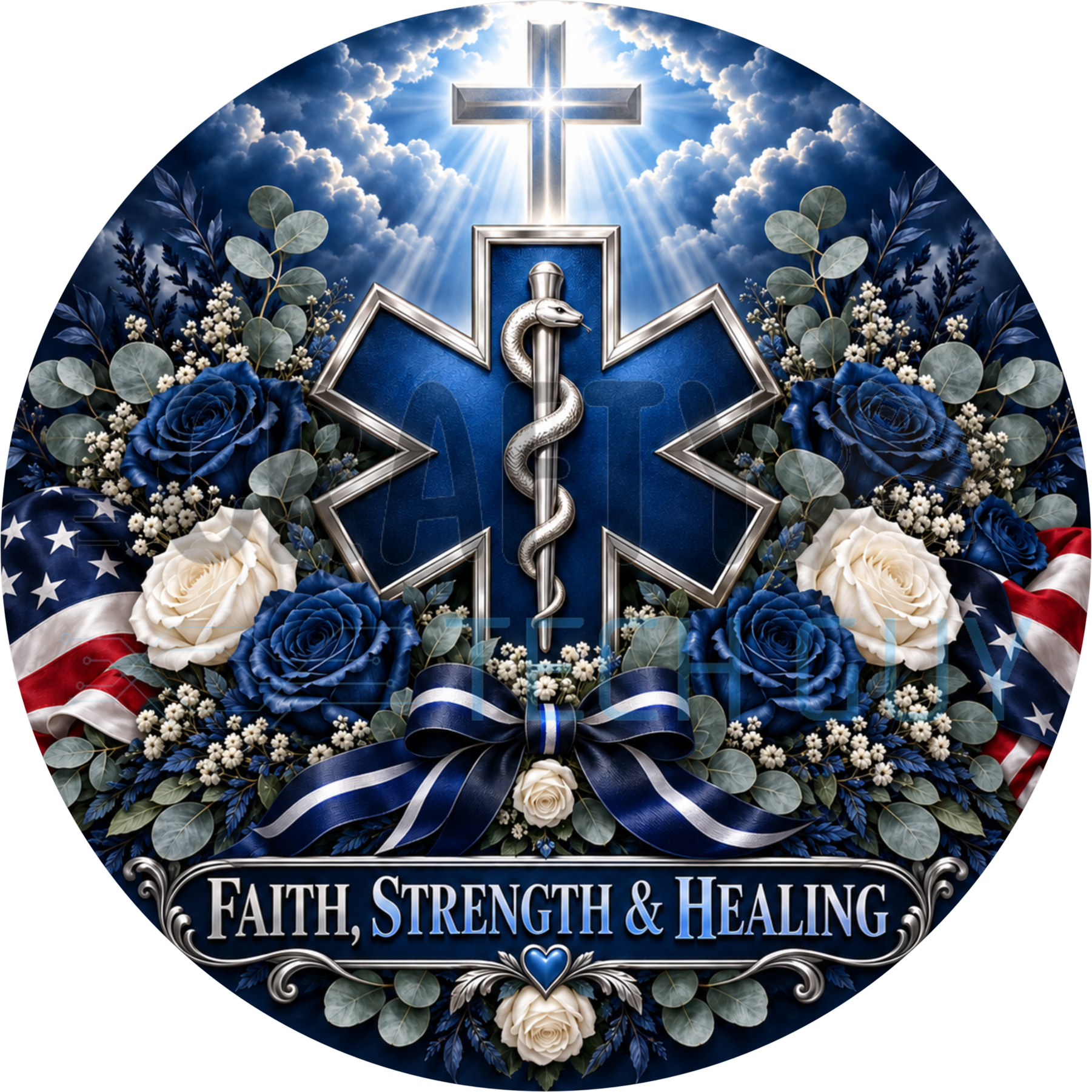 Faith Strength And Healing round wreath sign with a blue Star of Life, glowing cross, navy and ivory roses and a striped bow