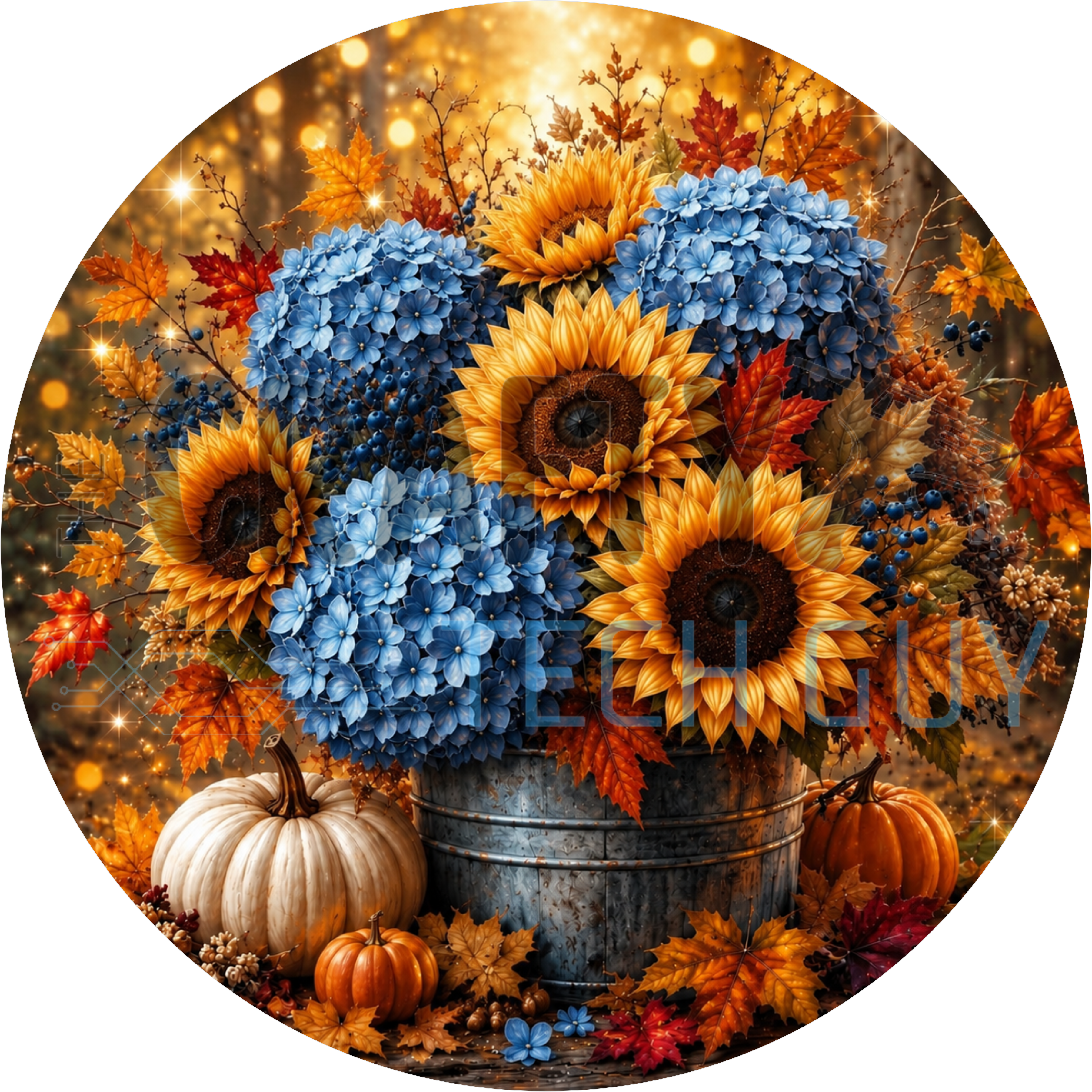 Round fall sign with galvanized bucket of sunflowers and blue hydrangeas beside white and orange pumpkins with golden sparkle