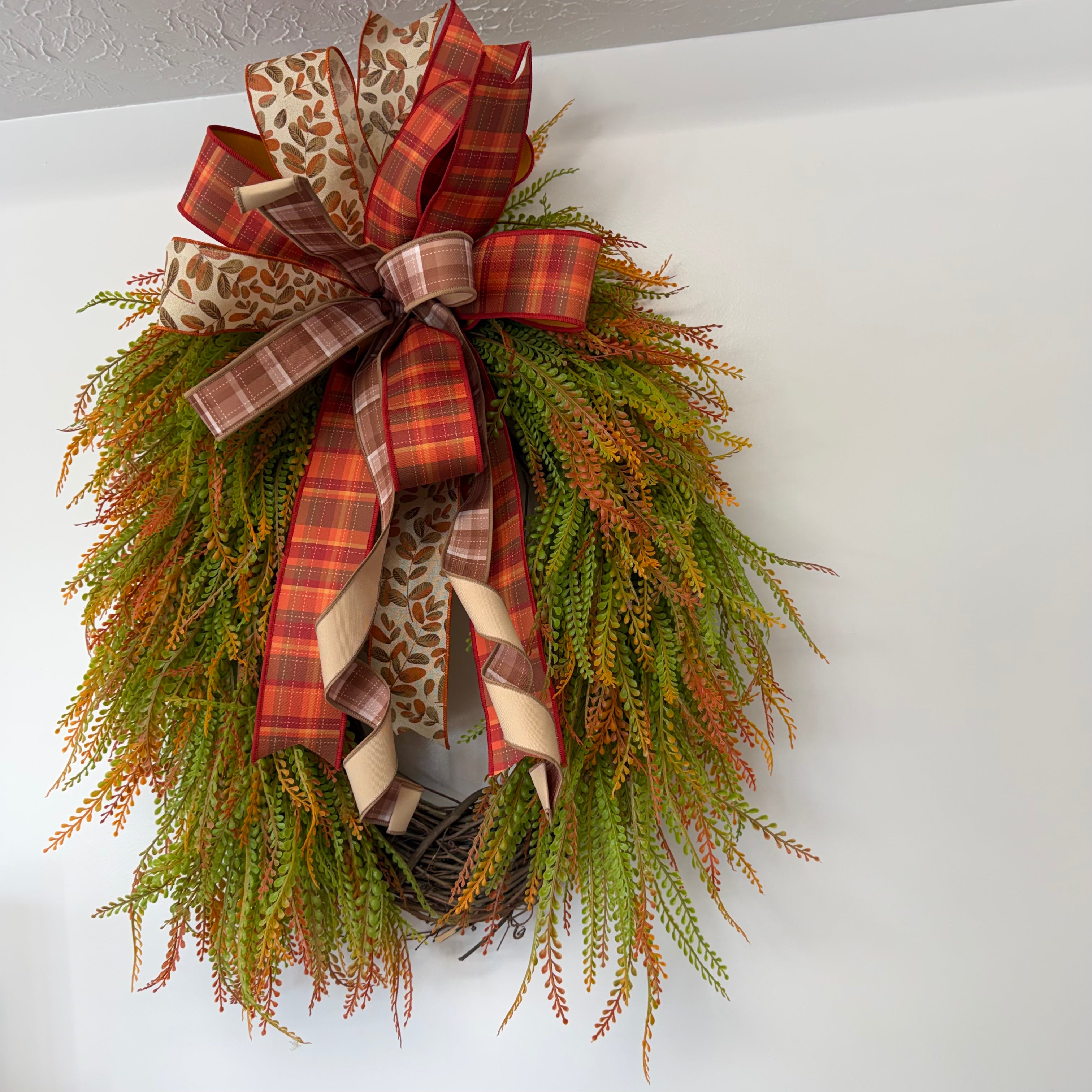 Fall Grapevine Wreath with Plaid Bow - 31" Cascading Autumn Greenery Front Door Wreath - Orange Green Rust