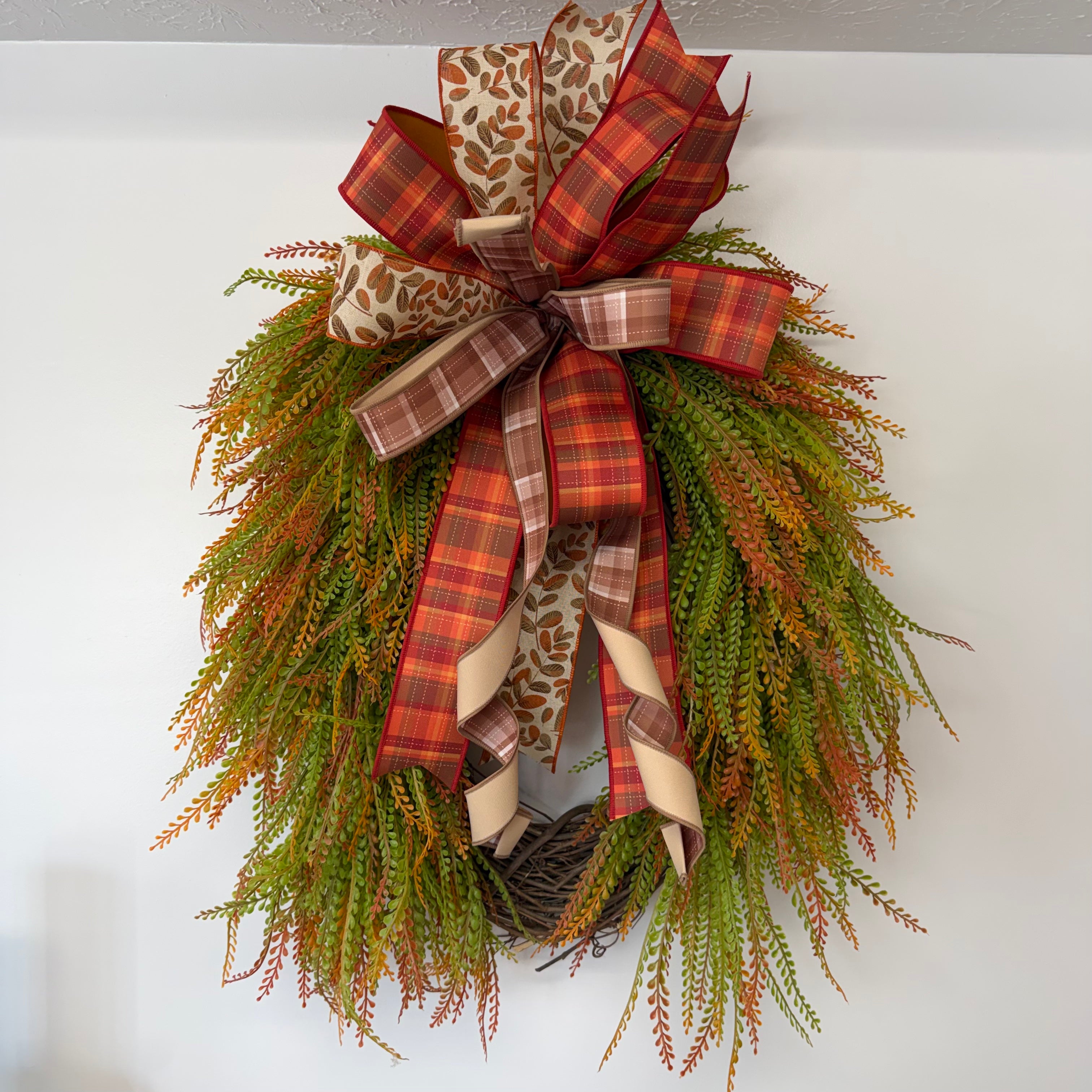 Fall Grapevine Wreath with Plaid Bow 31 Inch Cascading Autumn Front Door