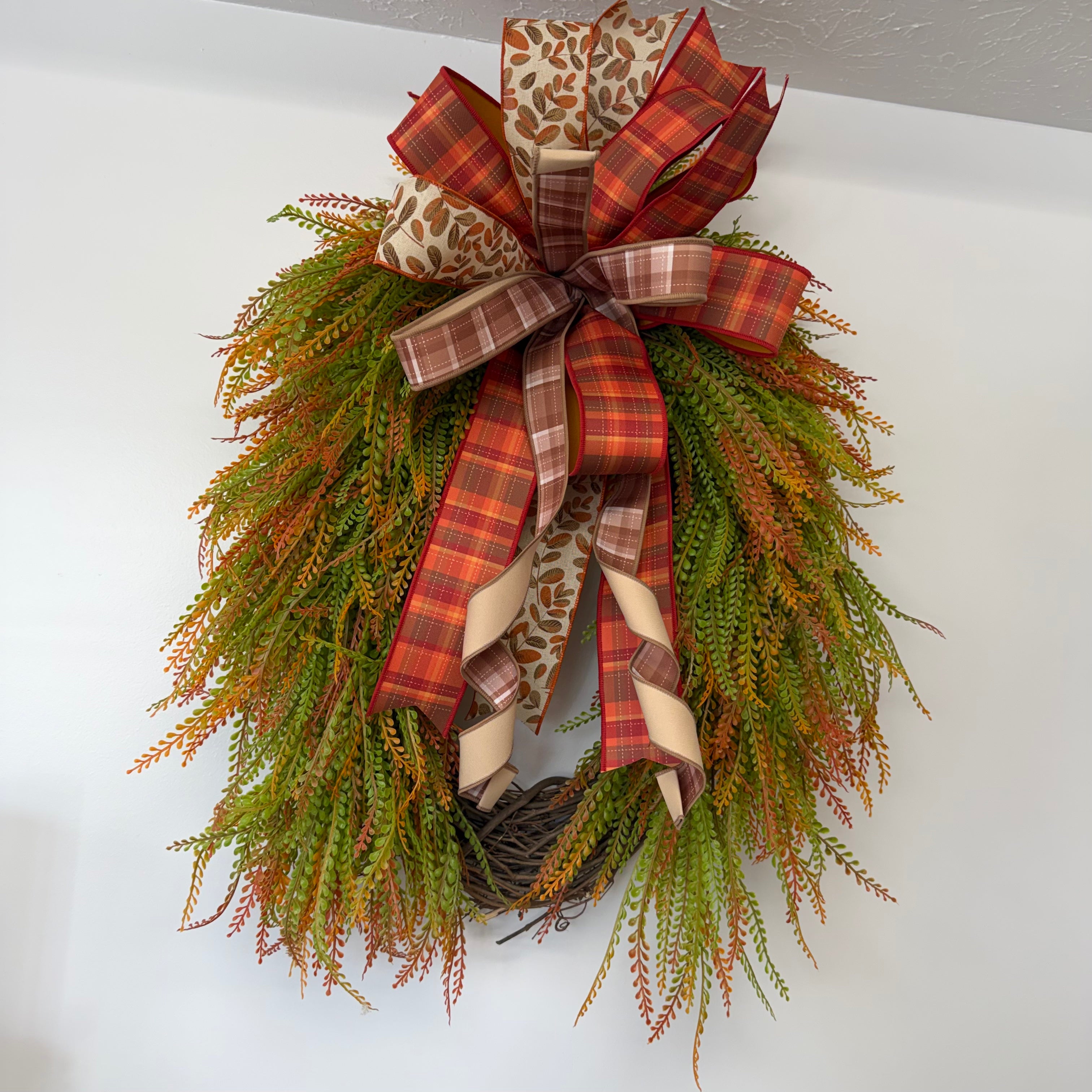 Fall Grapevine Wreath with Plaid Bow - 31" Cascading Autumn Greenery Front Door Wreath - Orange Green Rust