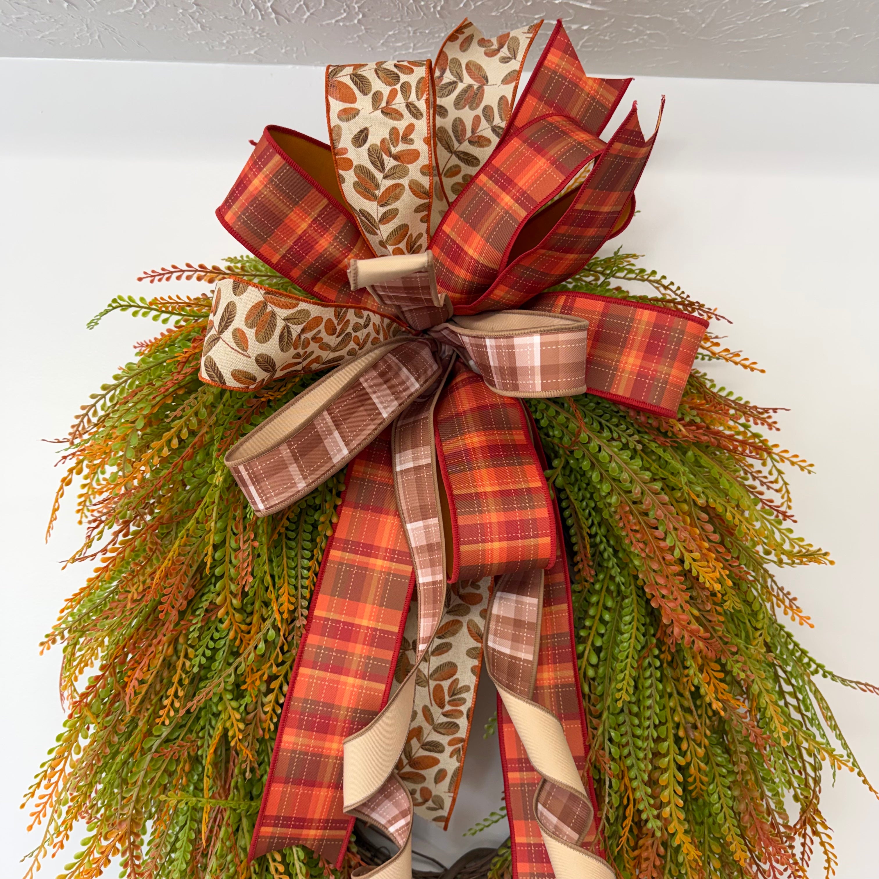 Fall Grapevine Wreath with Plaid Bow - 31" Cascading Autumn Greenery Front Door Wreath - Orange Green Rust