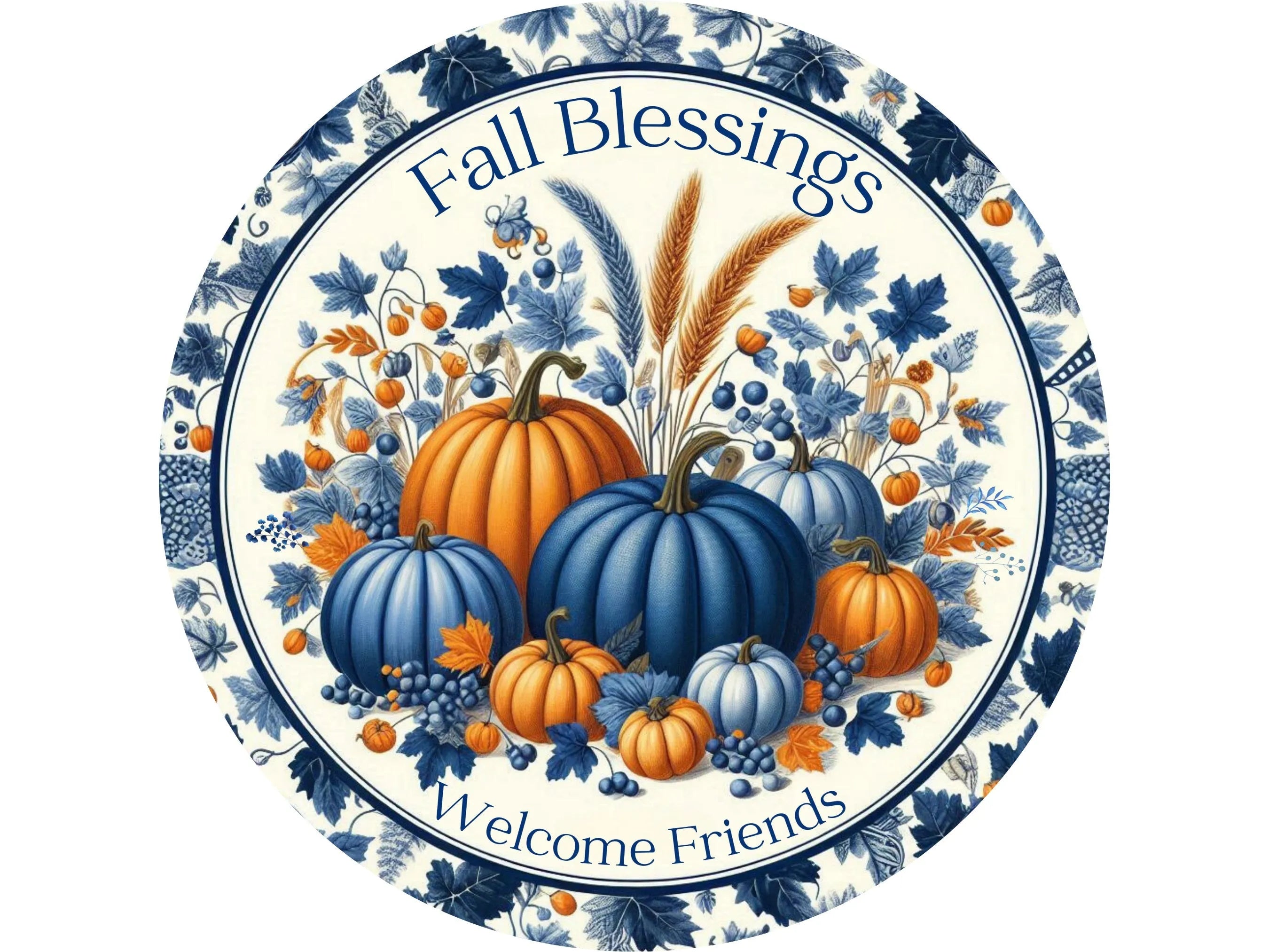 Fall Blessings Pumpkin Sign, Metal Autumn Decor, Blue and Orange Toile Welcome Sign, Thanksgiving Wall Art