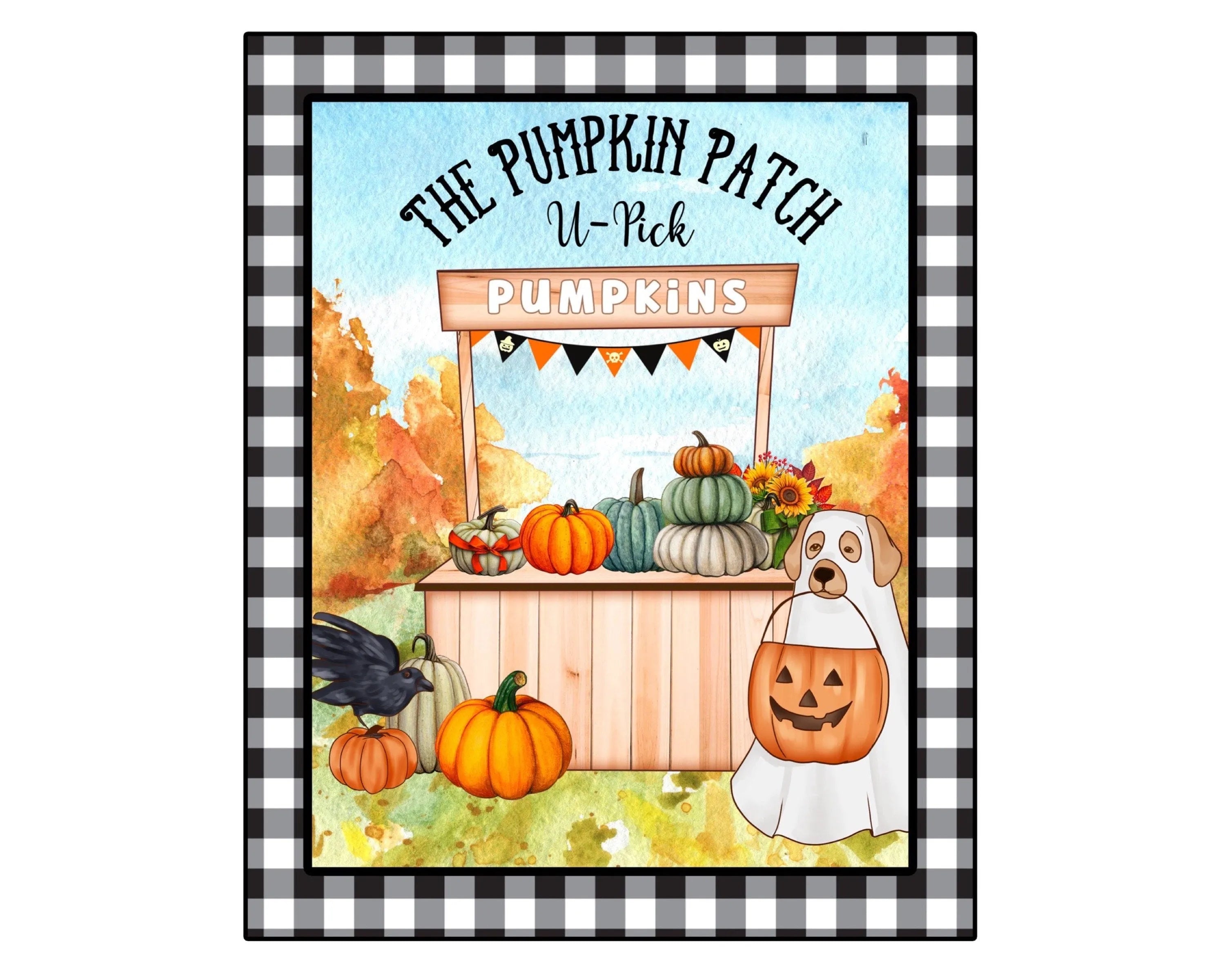 Fall buffalo check pumpkin patch wreath sign, dog in ghost costume wreath attachment, u pick pumpkin stand wall art, Halloween sign