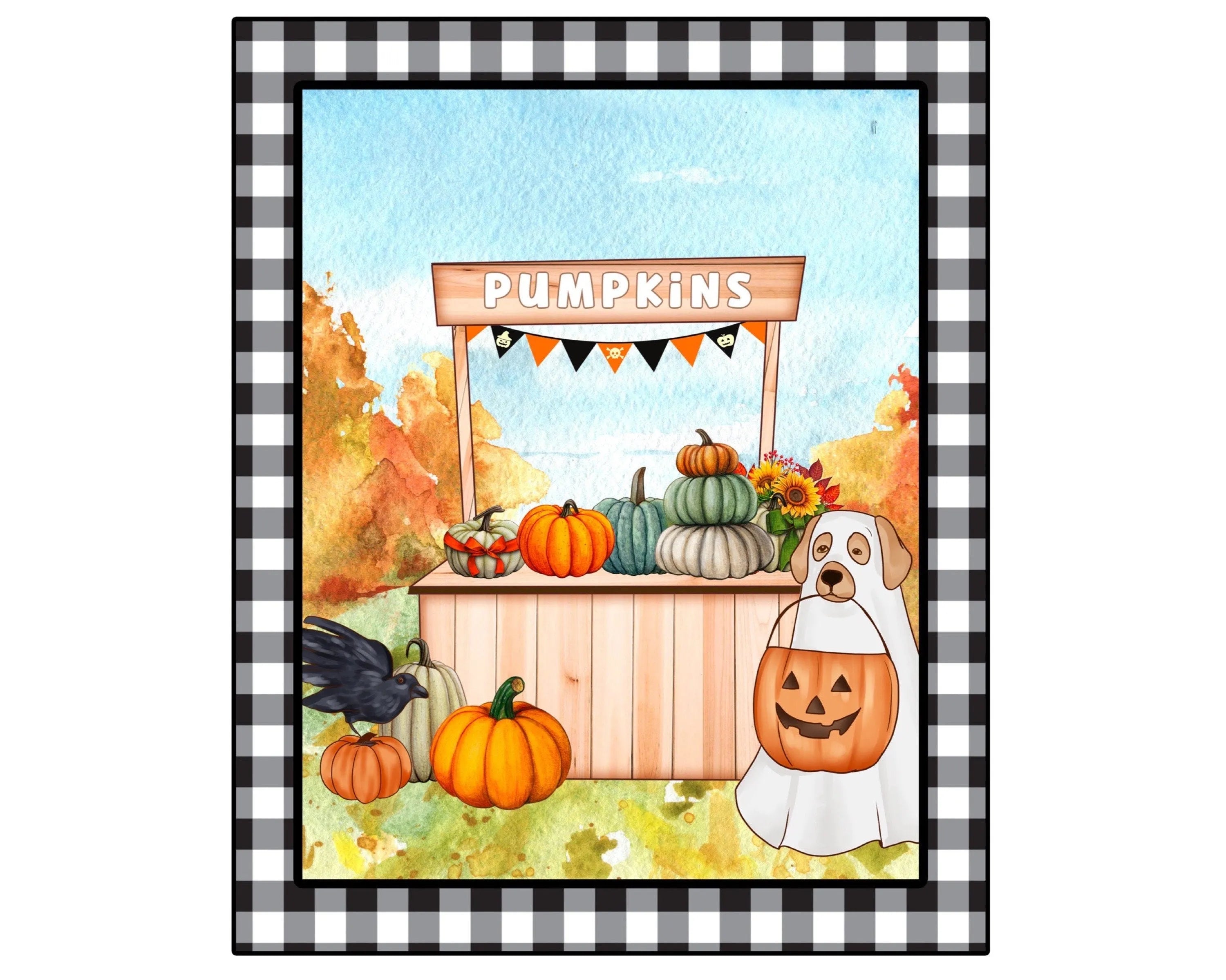 Fall buffalo check pumpkin patch wreath sign, dog in ghost costume wreath attachment, u pick pumpkin stand wall art, Halloween sign