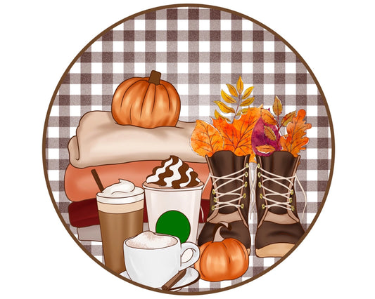 Fall Pumpkin Spice Latte buffalo check sign, fall snuggle weather wreath attachment, coffee blankets and boots wreath attachment