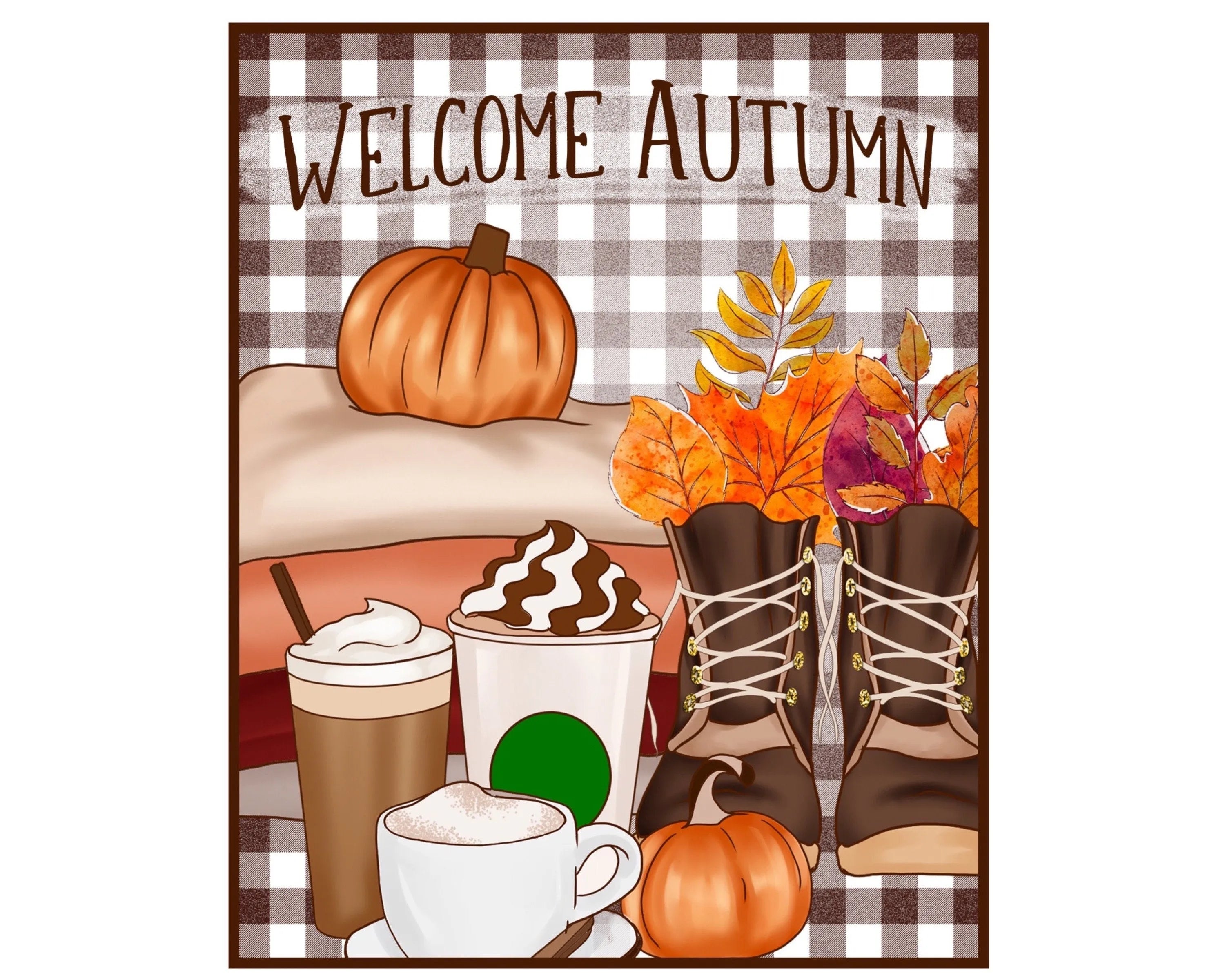 Fall Pumpkin Spice Latte buffalo check sign, fall snuggle weather wreath attachment, coffee blankets and boots wreath attachment